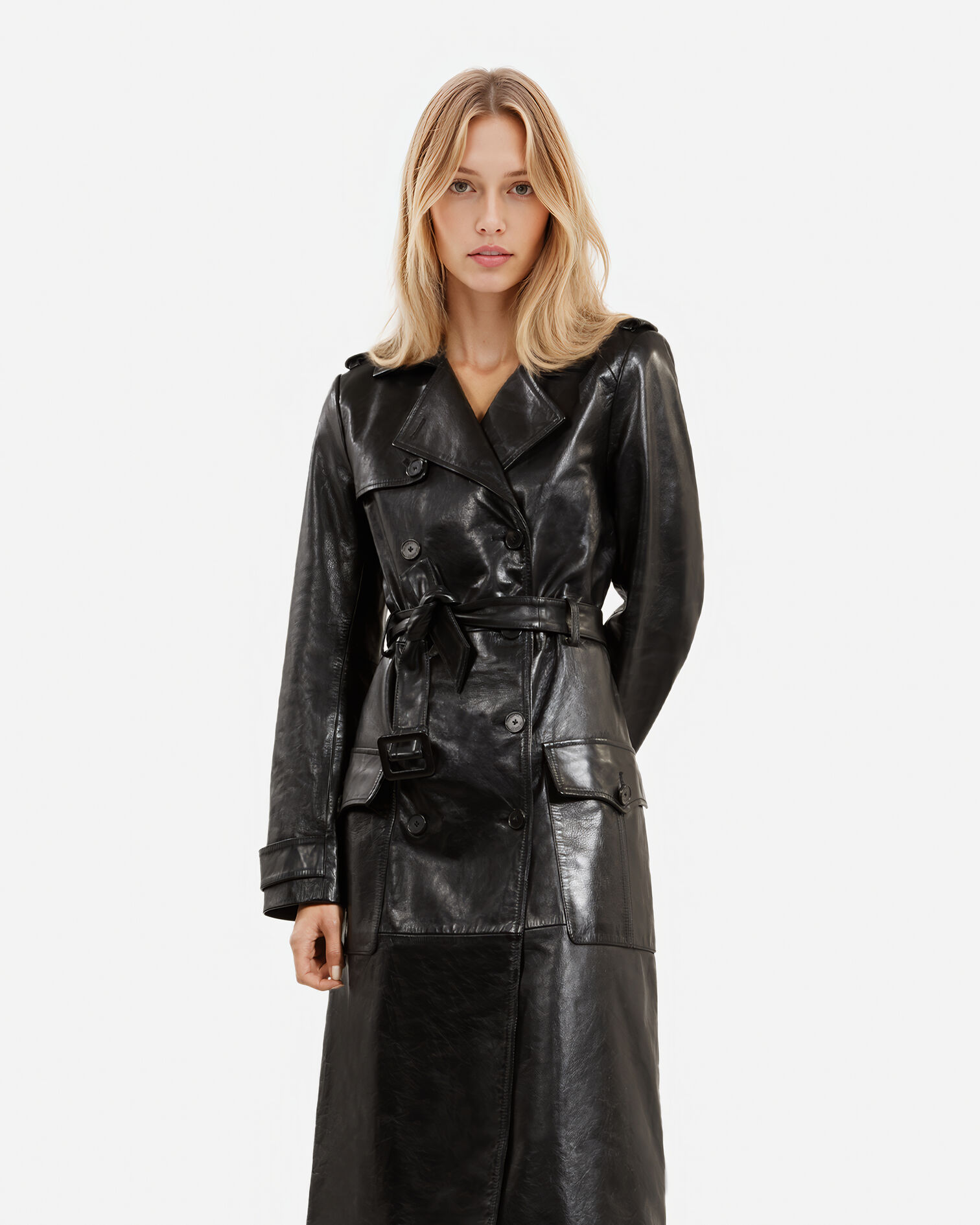 Trench long en cuir noir, BLACK, hi-res image number null