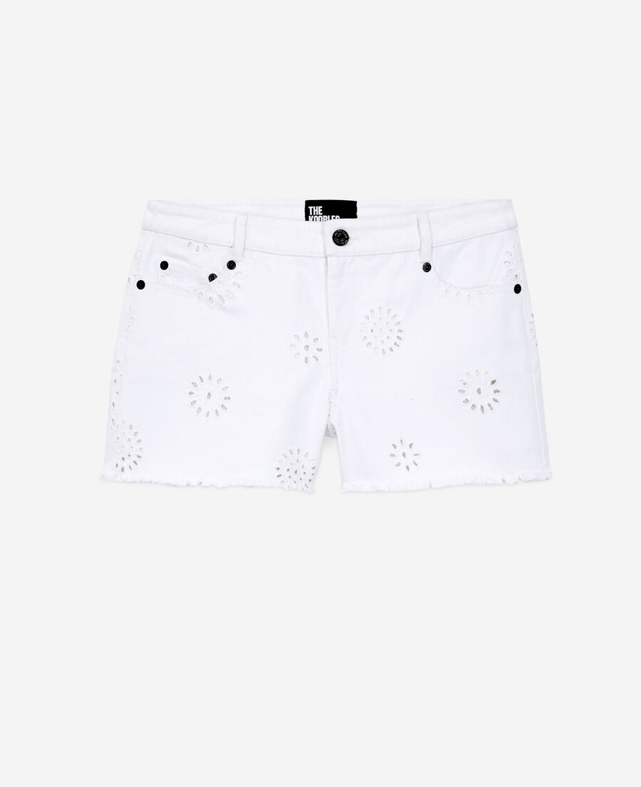 white denim shorts with broderie anglaise