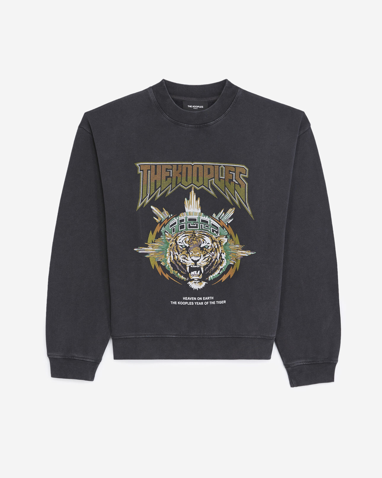 The Kooples FEMME BLACK WASHED sweat noir délavé à imprimé tigre