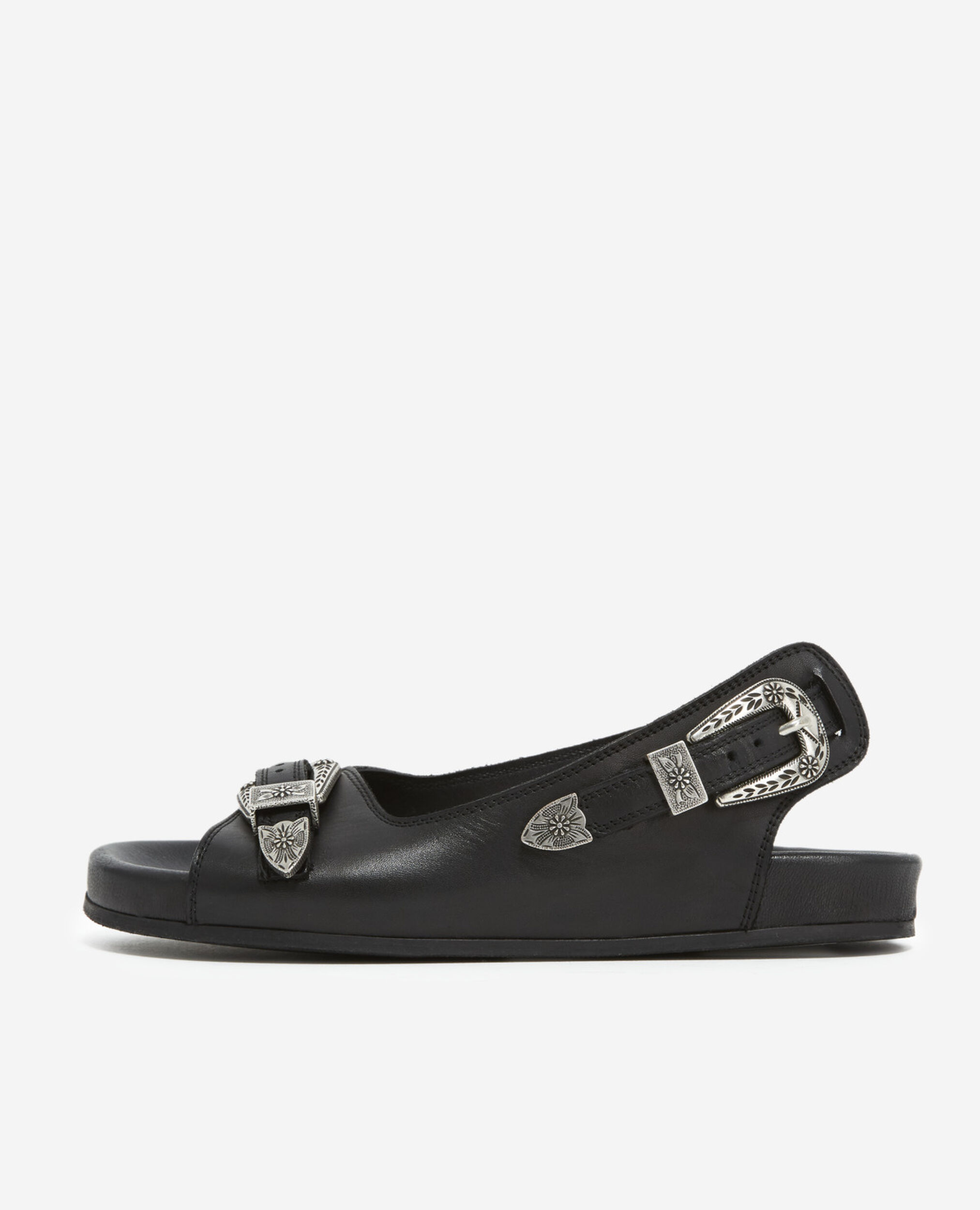 Flat black leather sandals with western details The Kooples US