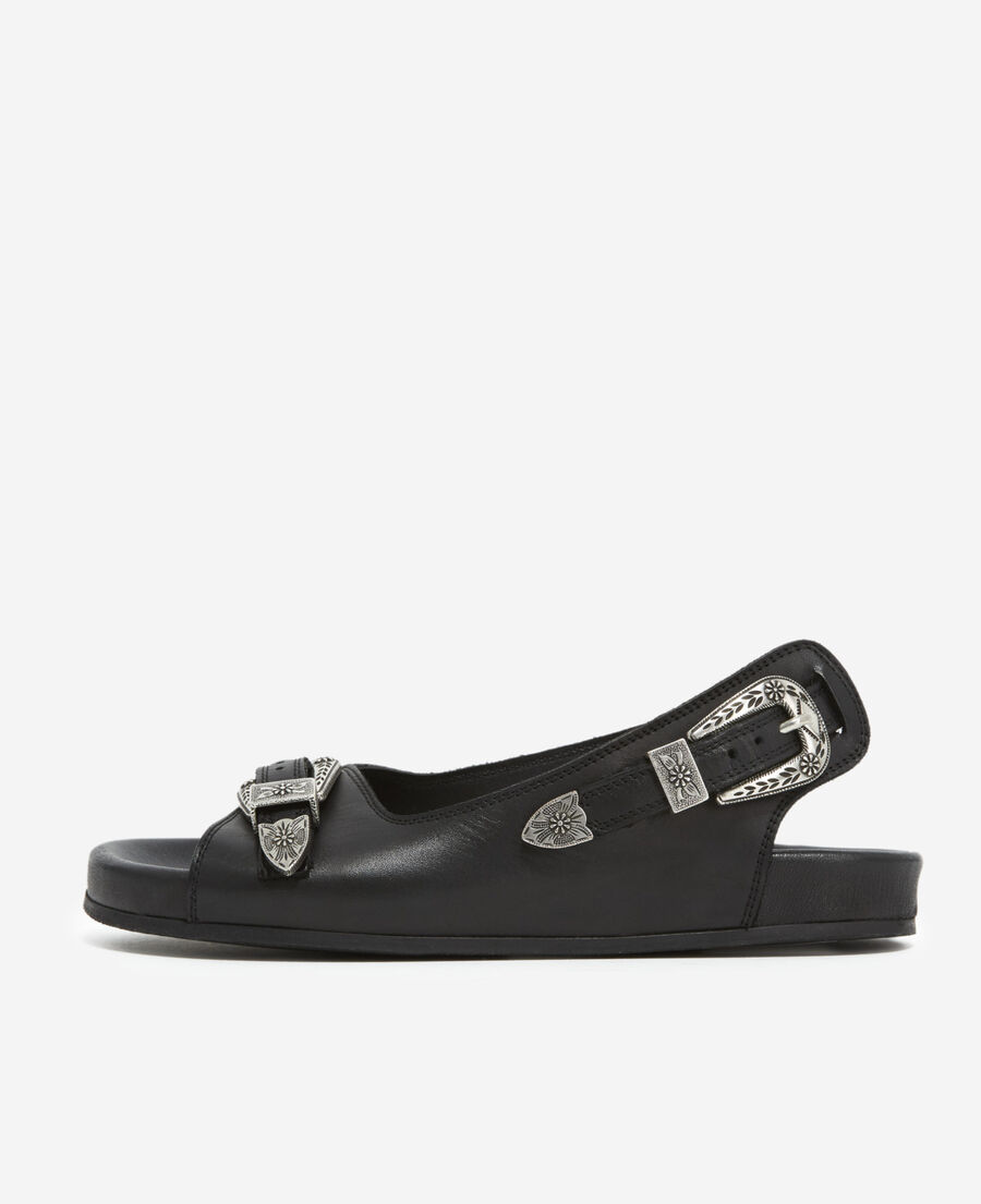 flat black leather sandals with western details