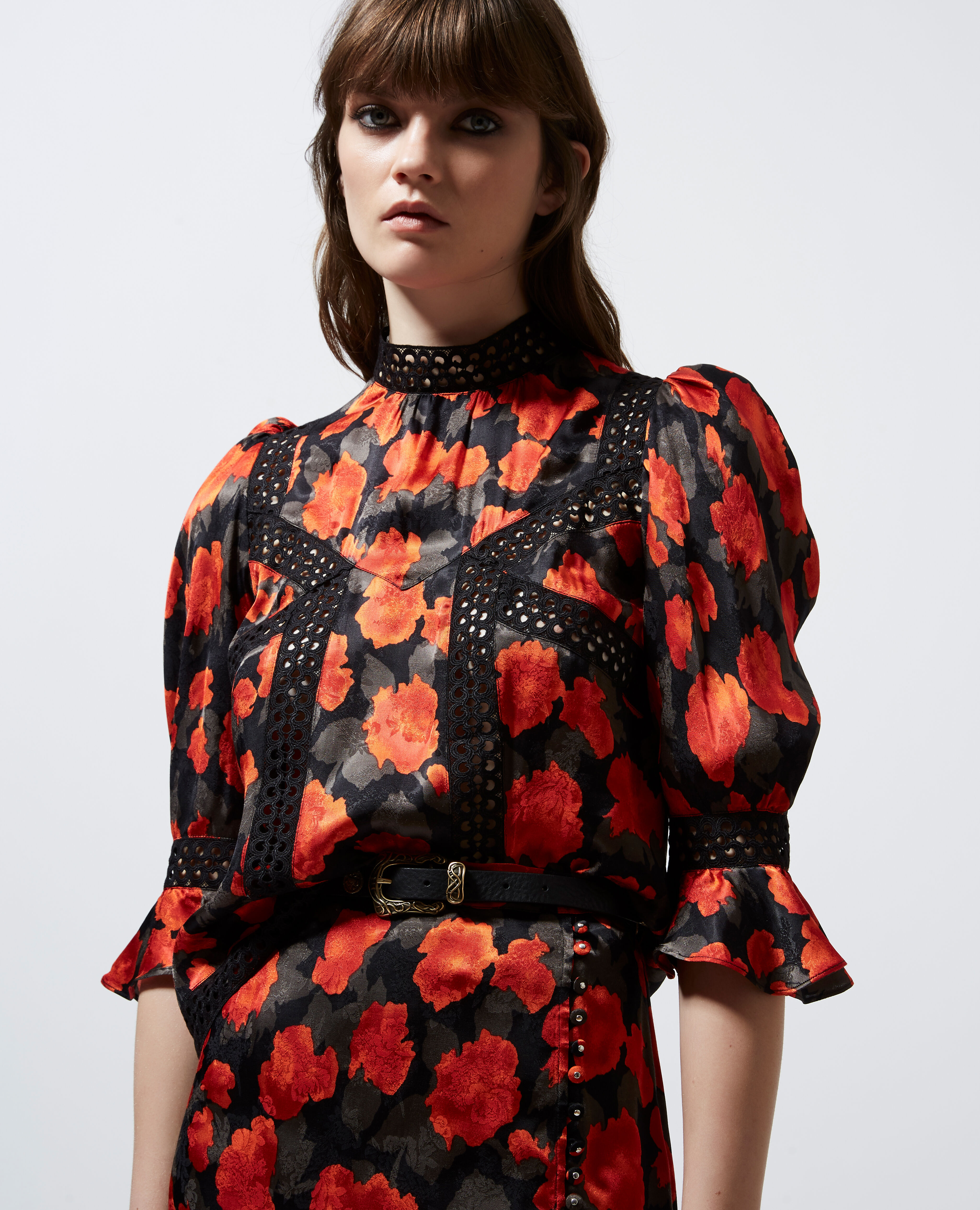 Printed formal top with black lace trims The Kooples