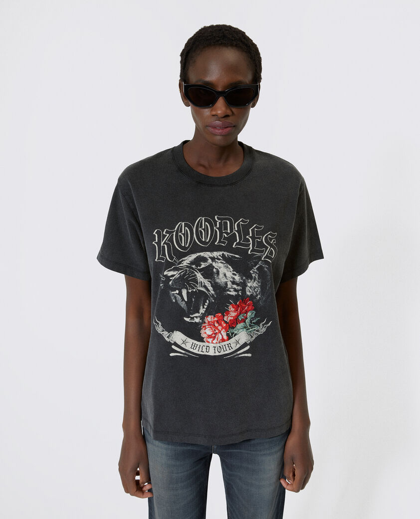 The Kooples DAMEN BLACK WASHED t-shirt mit schwarzem siebdruck