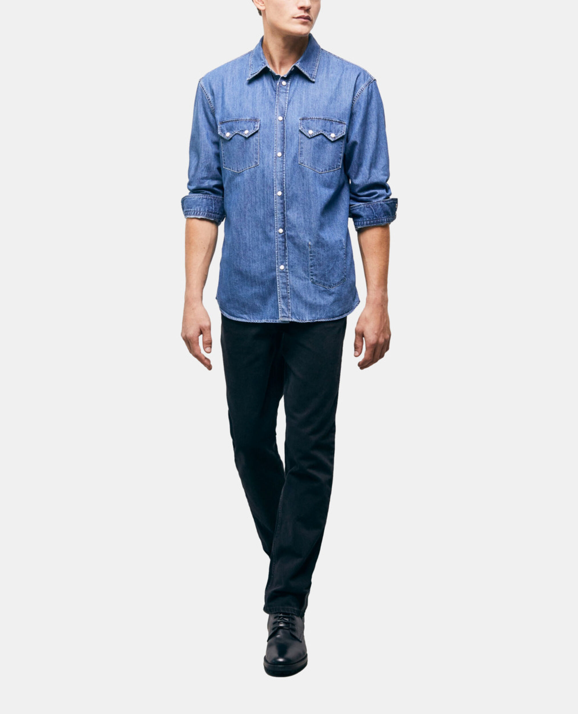 Blue classic collar denim shirt, BLUE DENIM, hi-res image number null