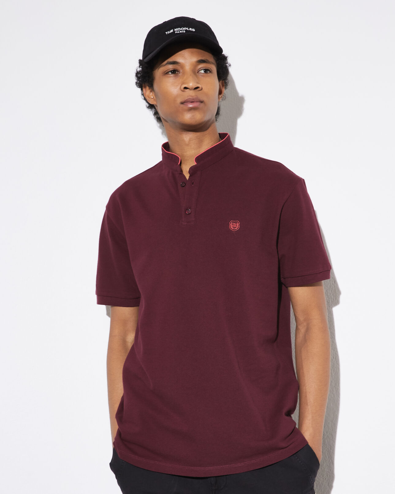 The Kooples MEN BURGUNDY / FLUO PINK collarless burgundy polo shirt with orange embroidery