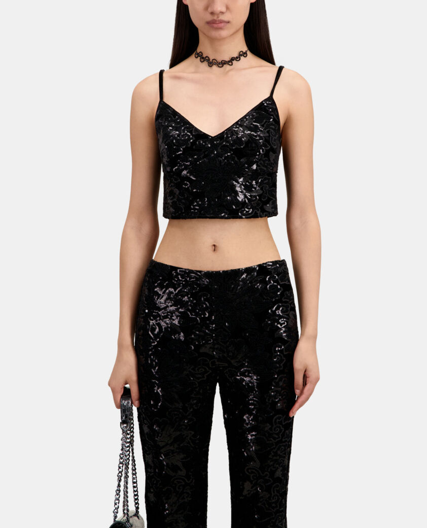 The Kooples FEMME BLACK pantalon flare en velours avec sequins noir