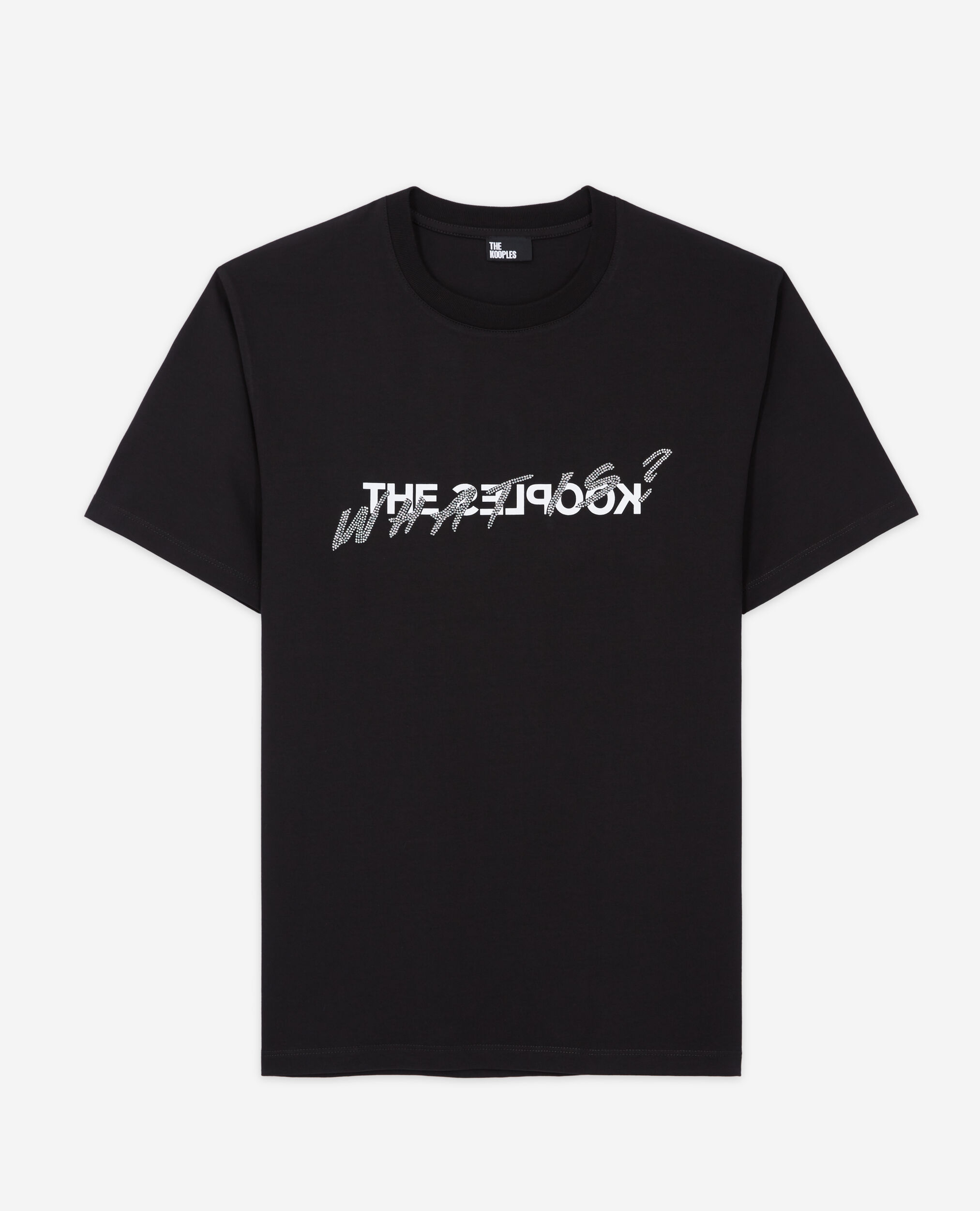 Schwarzes T-Shirt mit „What is“-Strassbesatz, BLACK, hi-res image number null