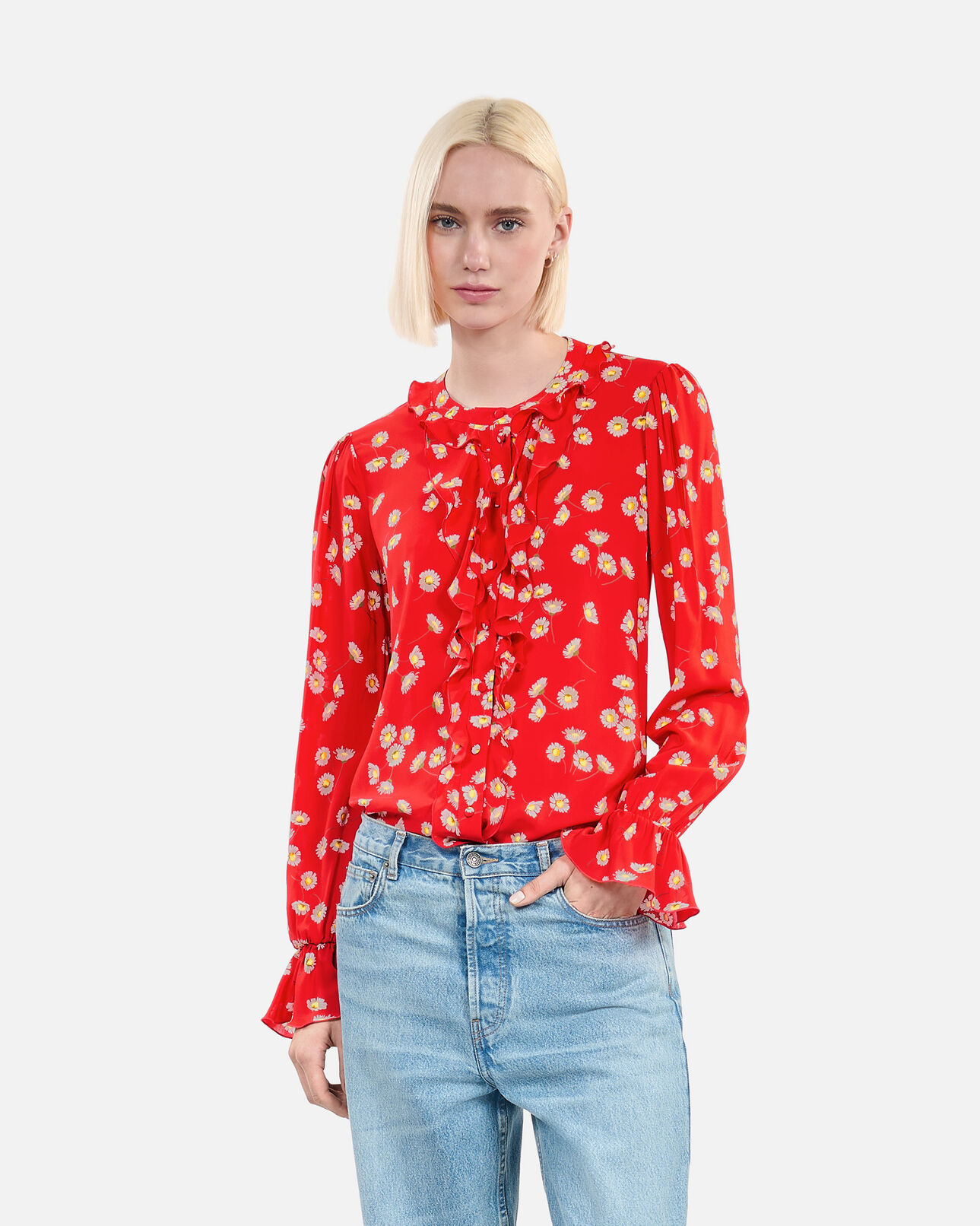 The Kooples DAMEN RED / WHITE shirt mit blumendruck und rüschen