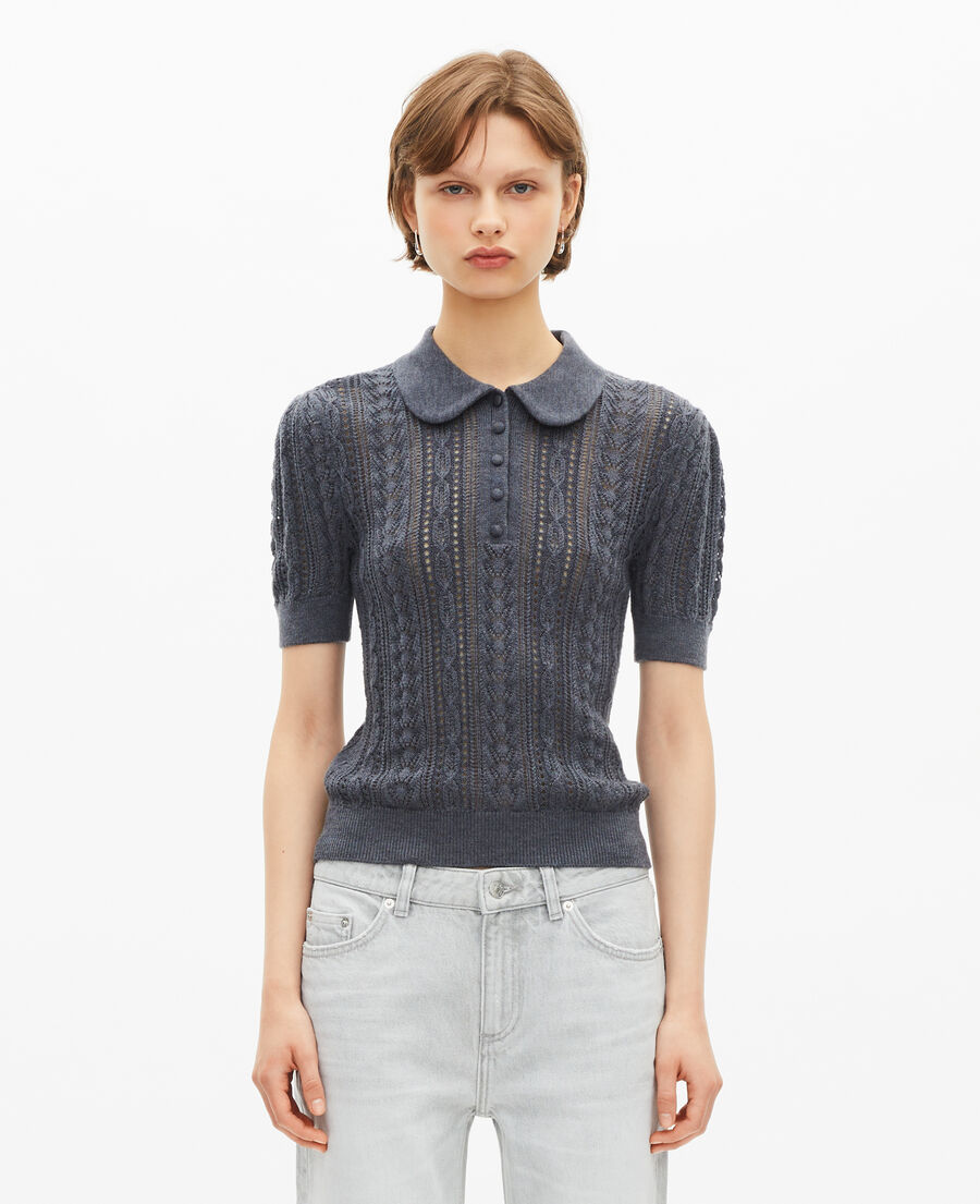 The Kooples DAMEN ANTHRACITE kurz&auml;rmeliger pullover aus grauer merinowolle