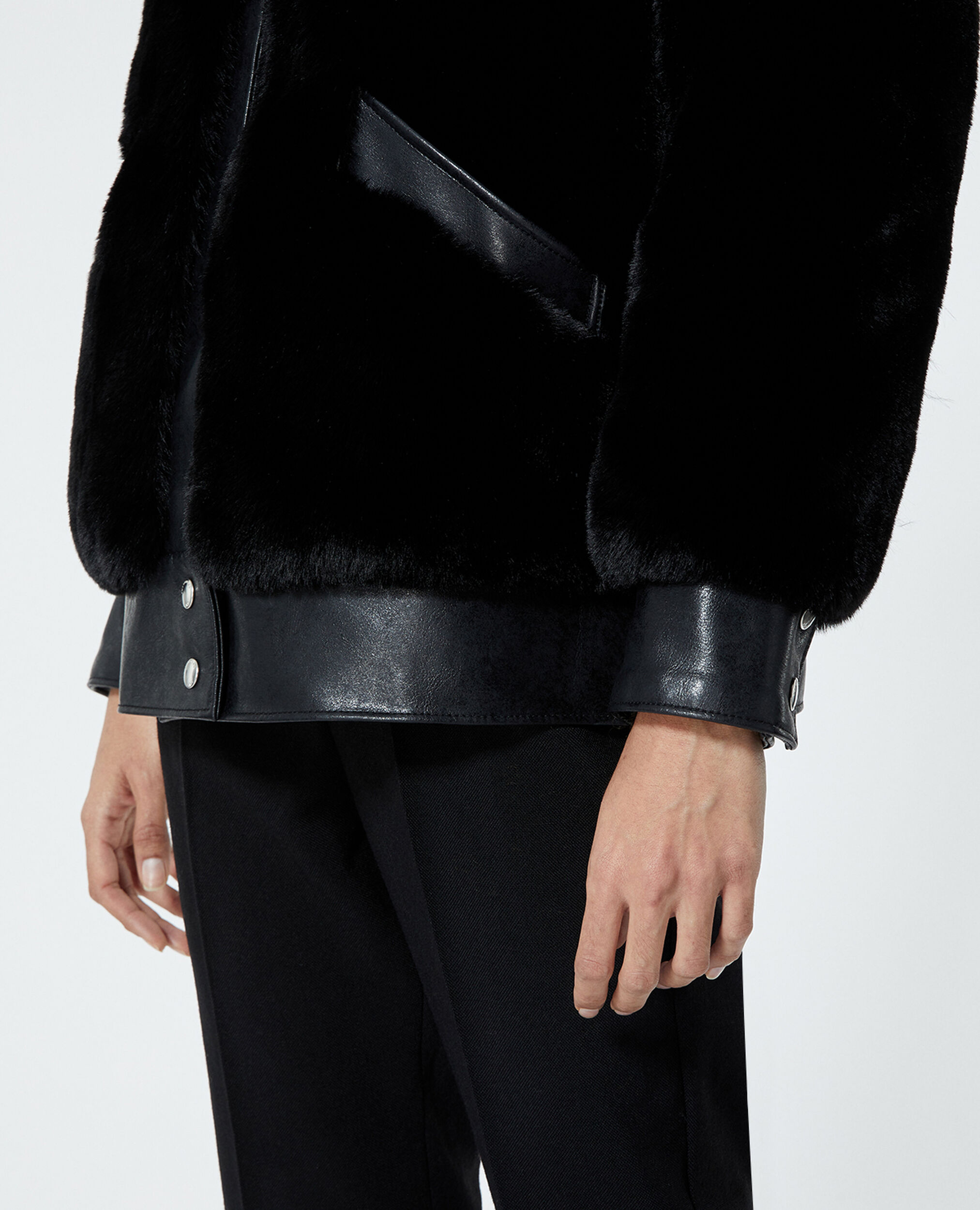 Black faux fur coat with leather detail, BLACK, hi-res image number null