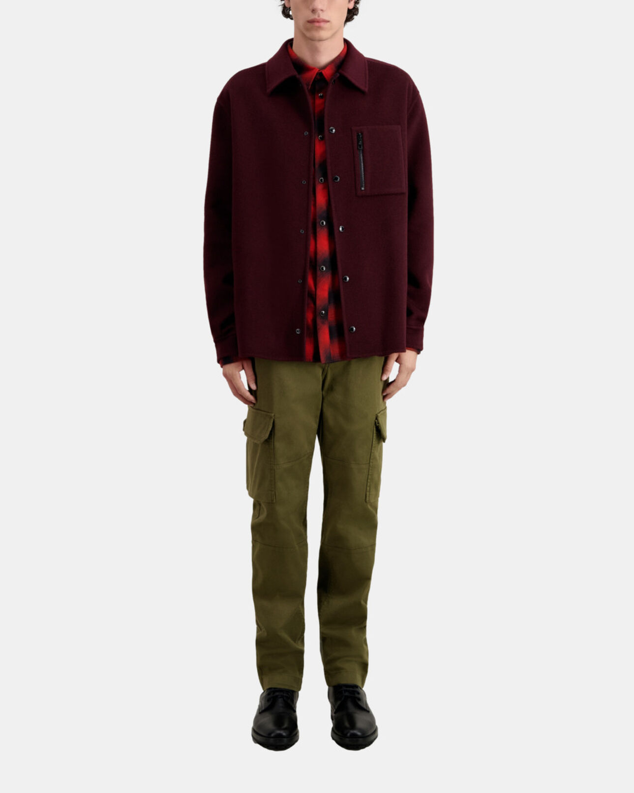 The Kooples MEN BORDEAUX / NAVY burgundy wool-blend overshirt jacket