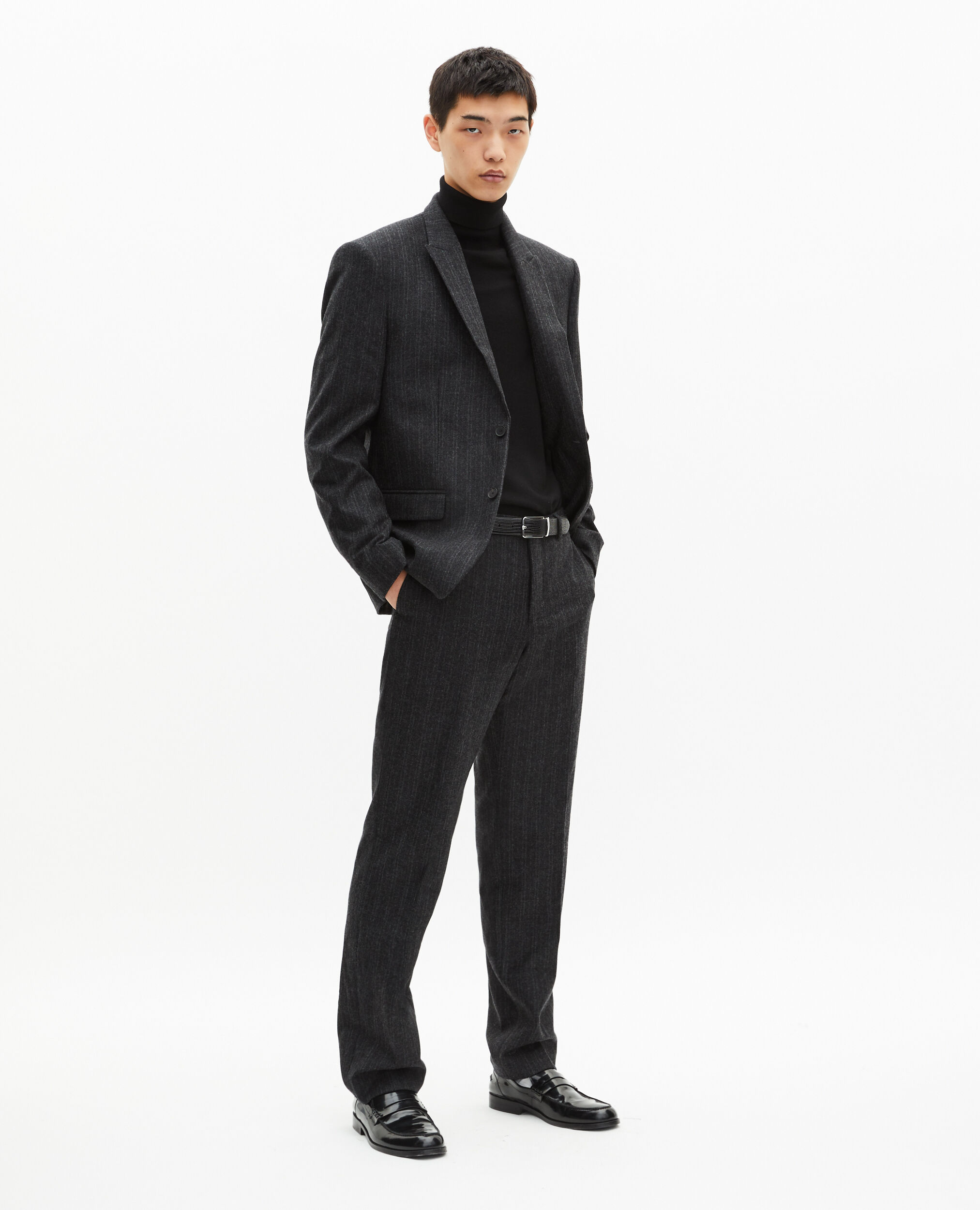 Dark grey pinstripe straight suit jacket, PEARL GREY, hi-res image number null