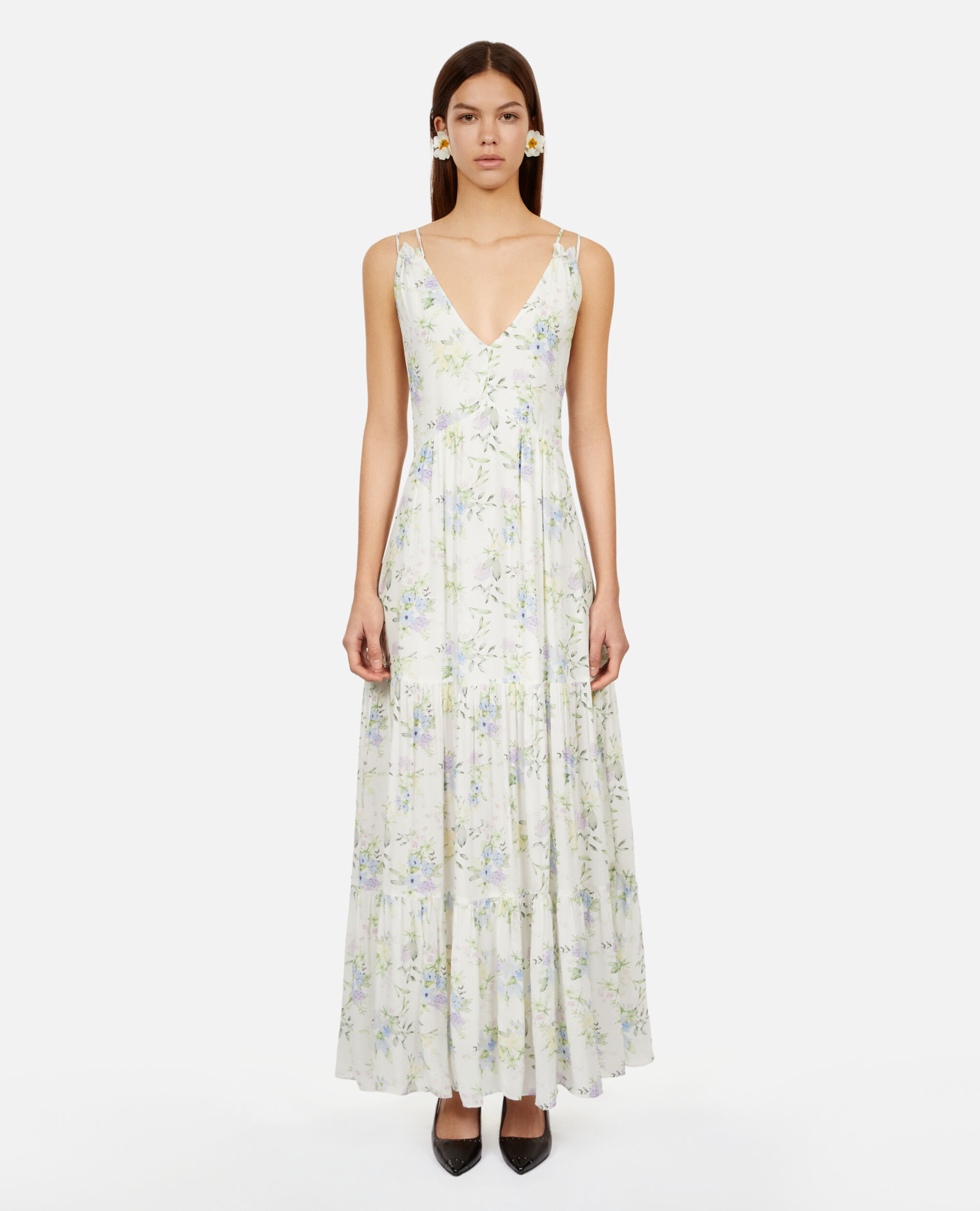 Langes Kleid mit Print und Schnürung, LIGHT BLUE/WHITE, hi-res image number null
