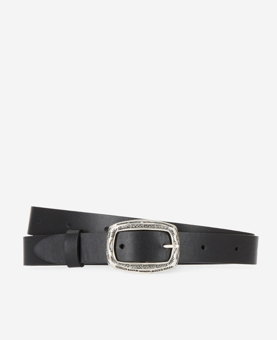 thin black leather belt with rectangular buckle