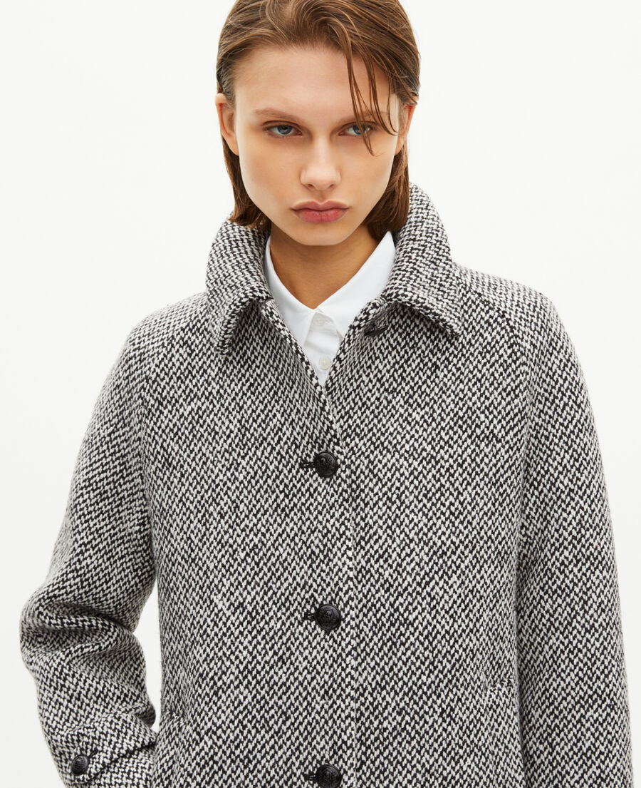 The Kooples FEMME BLANC / BLEU manteau long en tweed noir et blanc