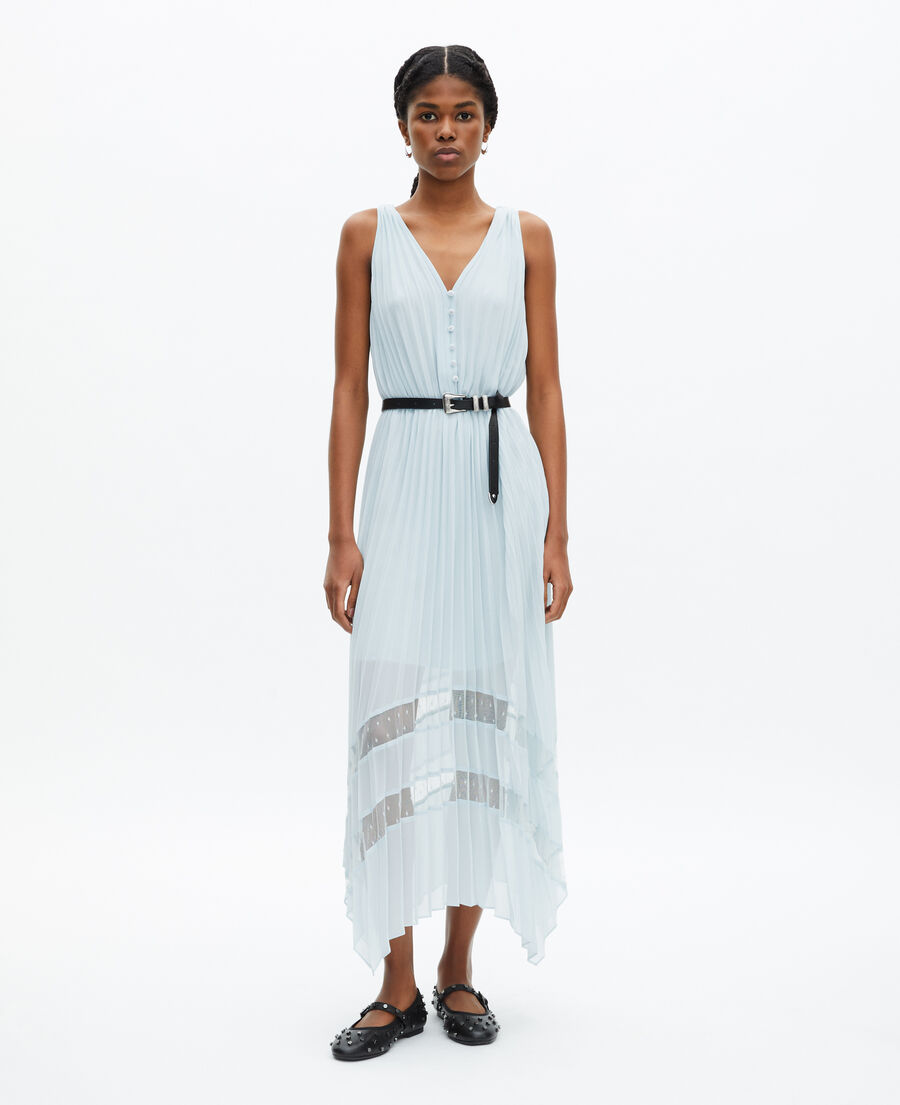 The Kooples FEMME BABY BLUE robe longue avec plissage bleue clair et plumetis