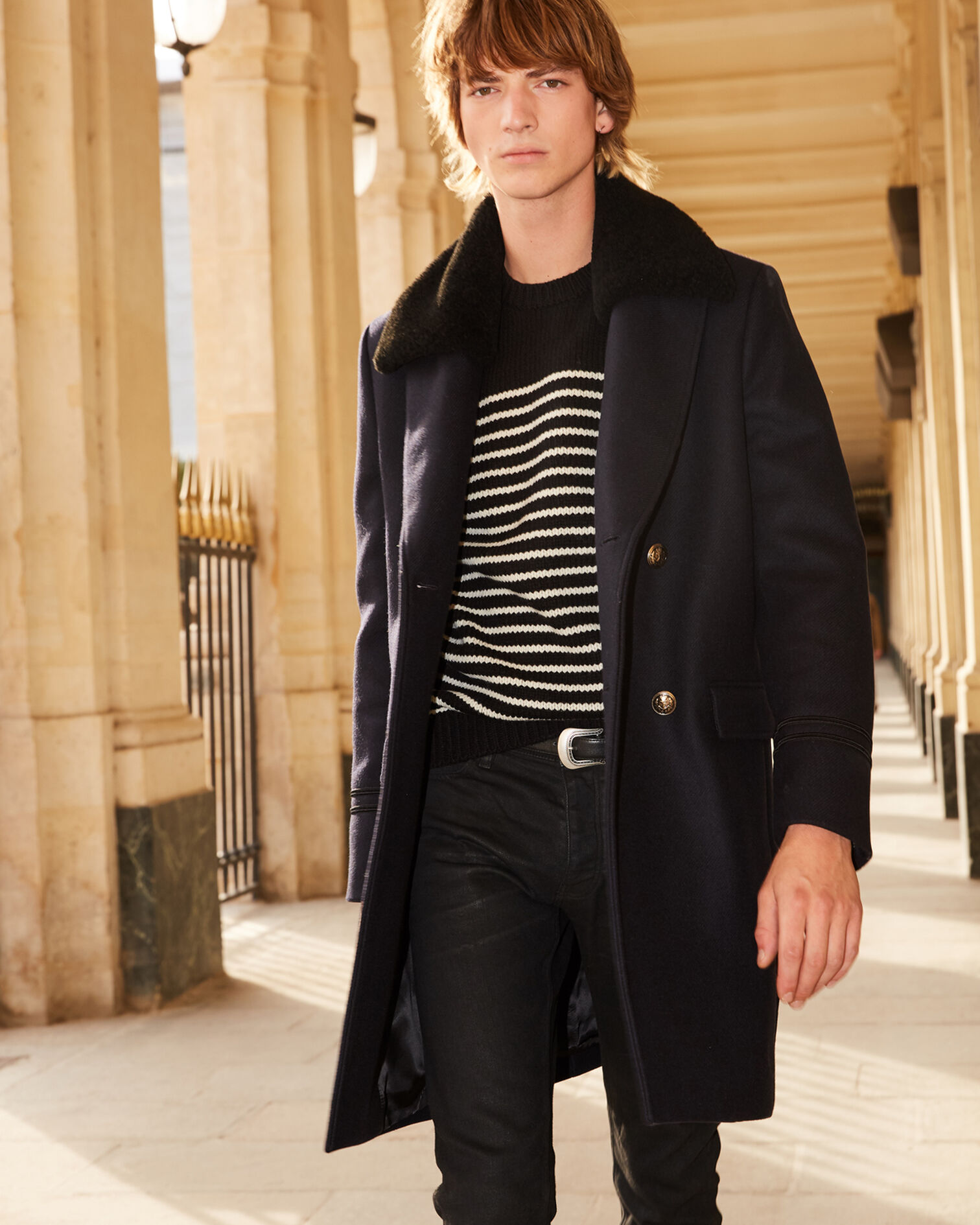 Navy blue wool coat with gold buttons, NAVY, hi-res image number null
