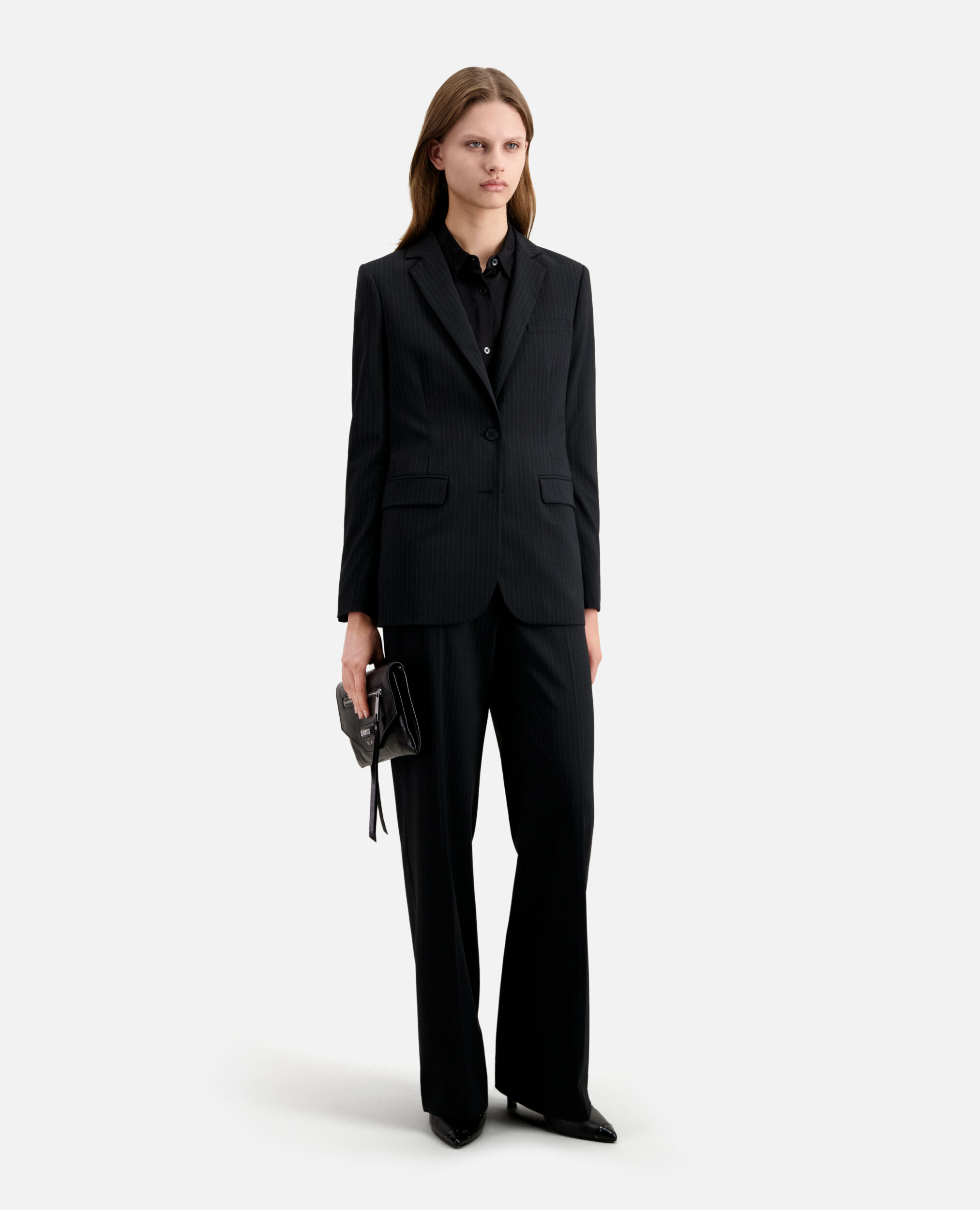Veste tailleur noire à rayures en laine mélangée, BLACK WHITE, hi-res image number null