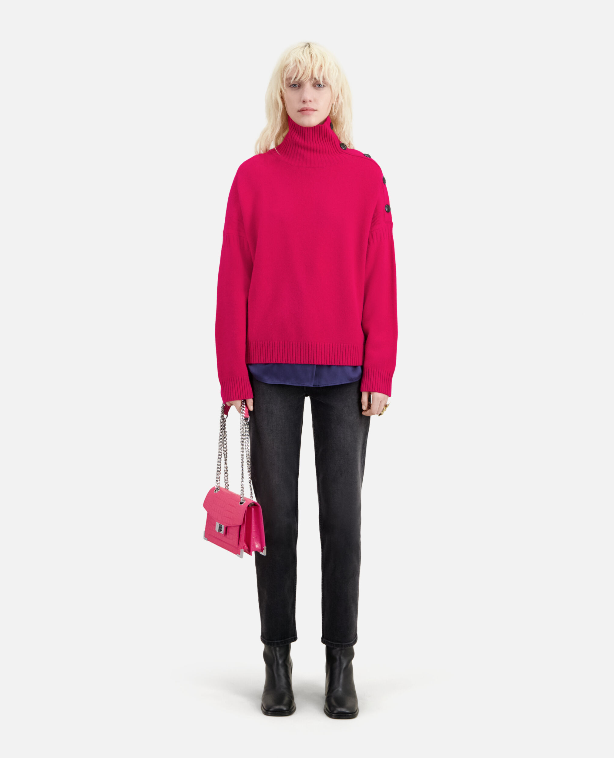 Fuchsia wool and cashmere sweater with buttons, CHERRY, hi-res image number null