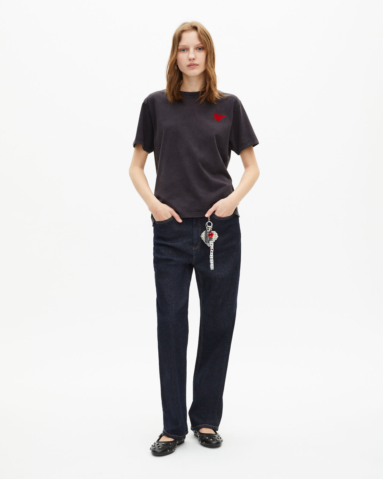 The Kooples WOMEN BLACK WASHED black t-shirt with heart flocking