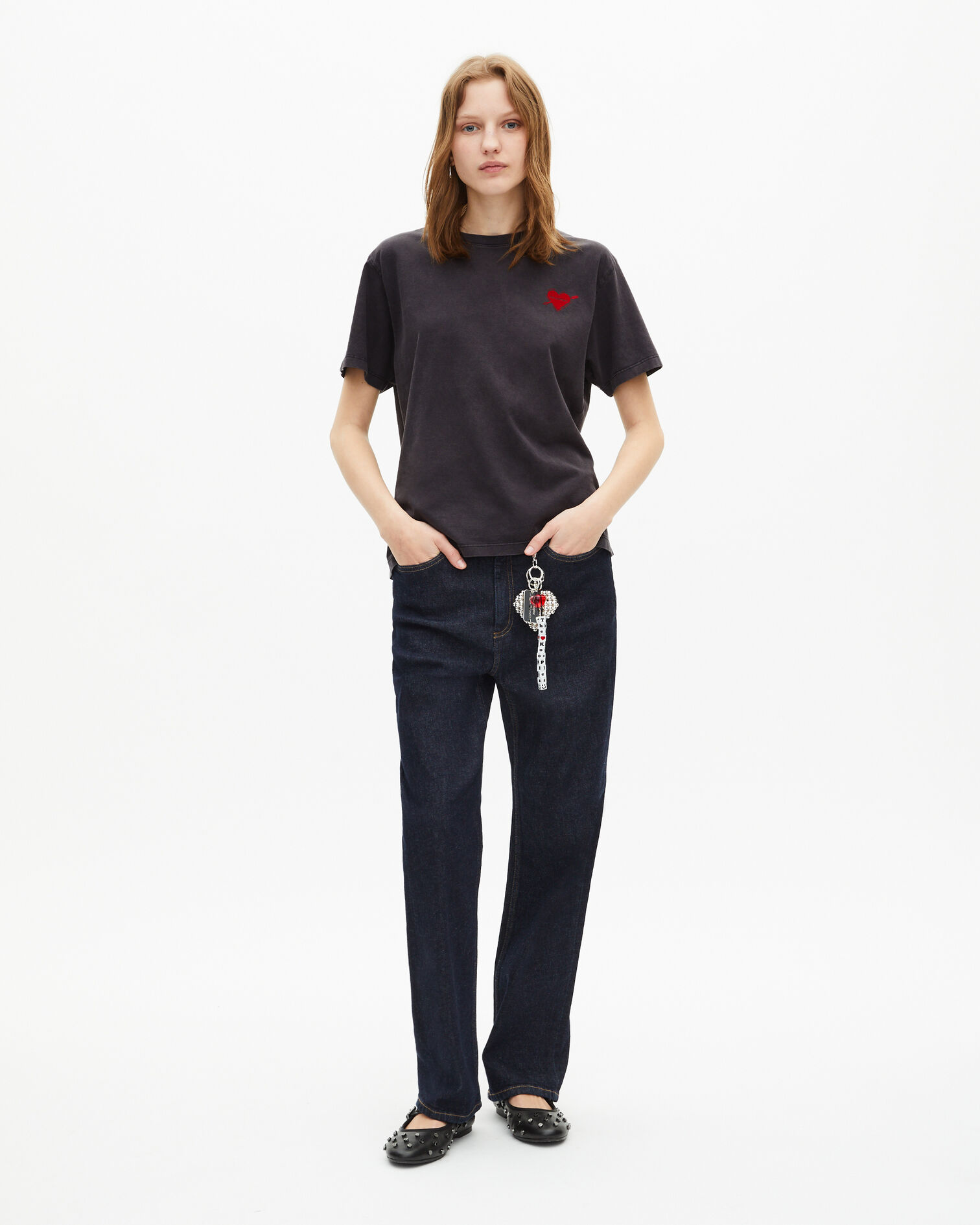Black T-shirt with heart flocking, BLACK WASHED, hi-res image number null