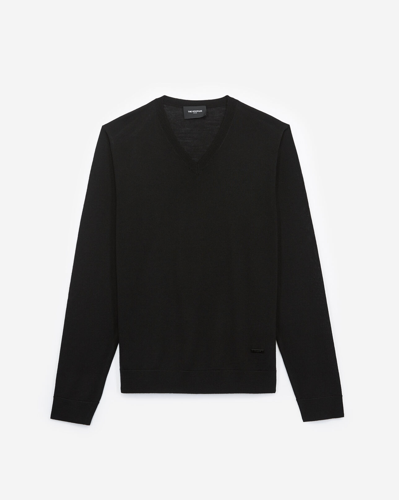 The Kooples MEN BLACK slim black wool v-neck sweater with piping