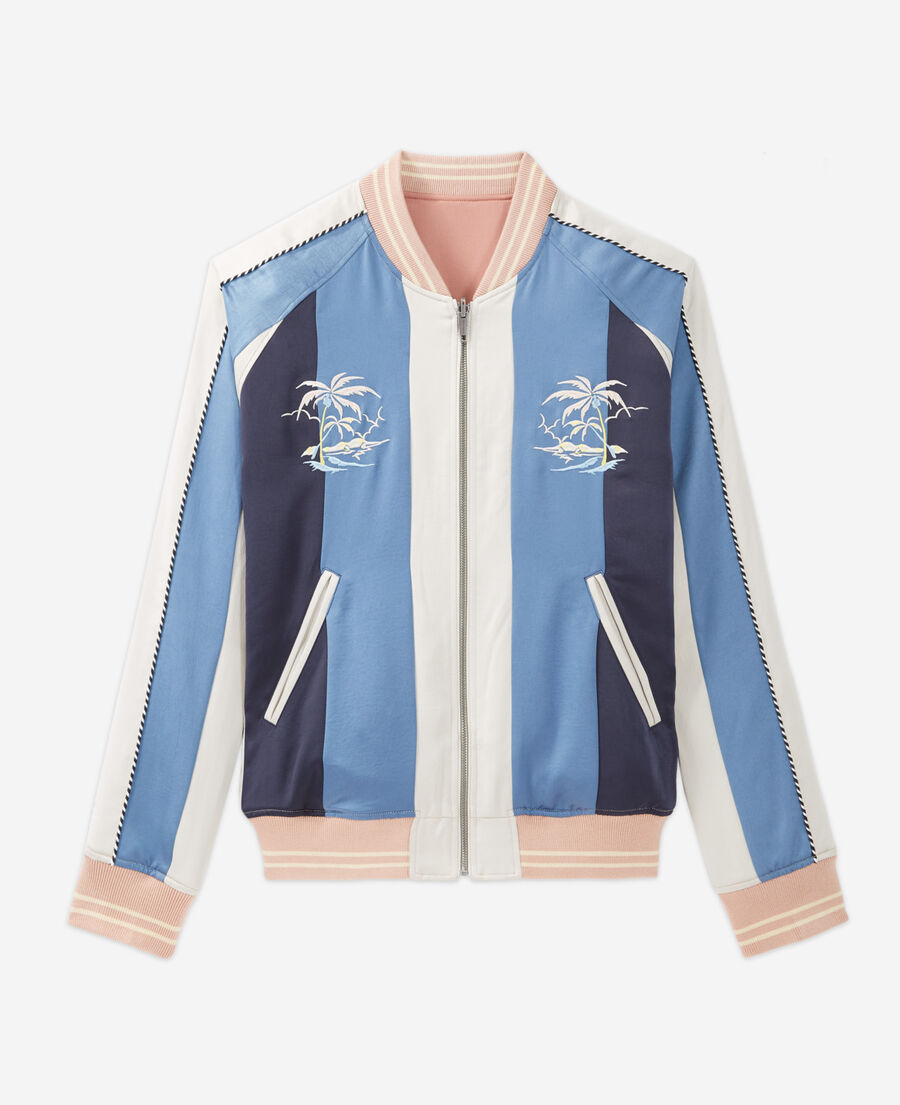 blue and pink embroidered reversible jacket in fabric