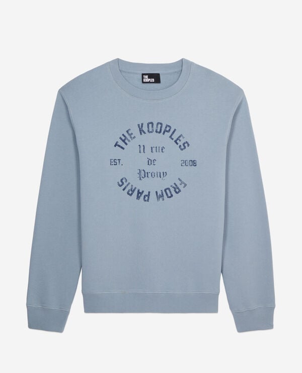 The Kooples MEN BLUE GREY light blue sweatshirt with 11 rue de prony serigraphy