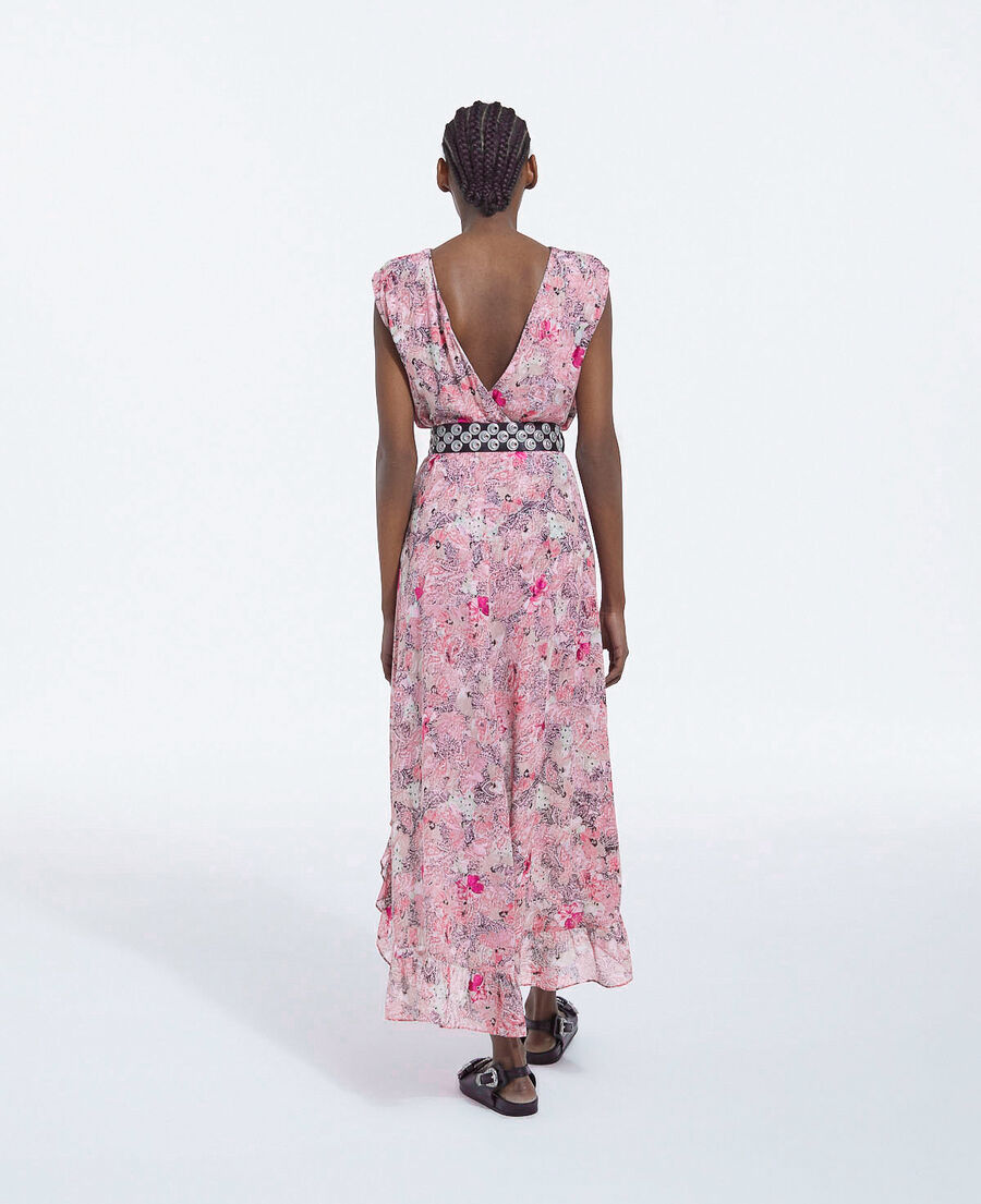 pink long flowing dress with floral print