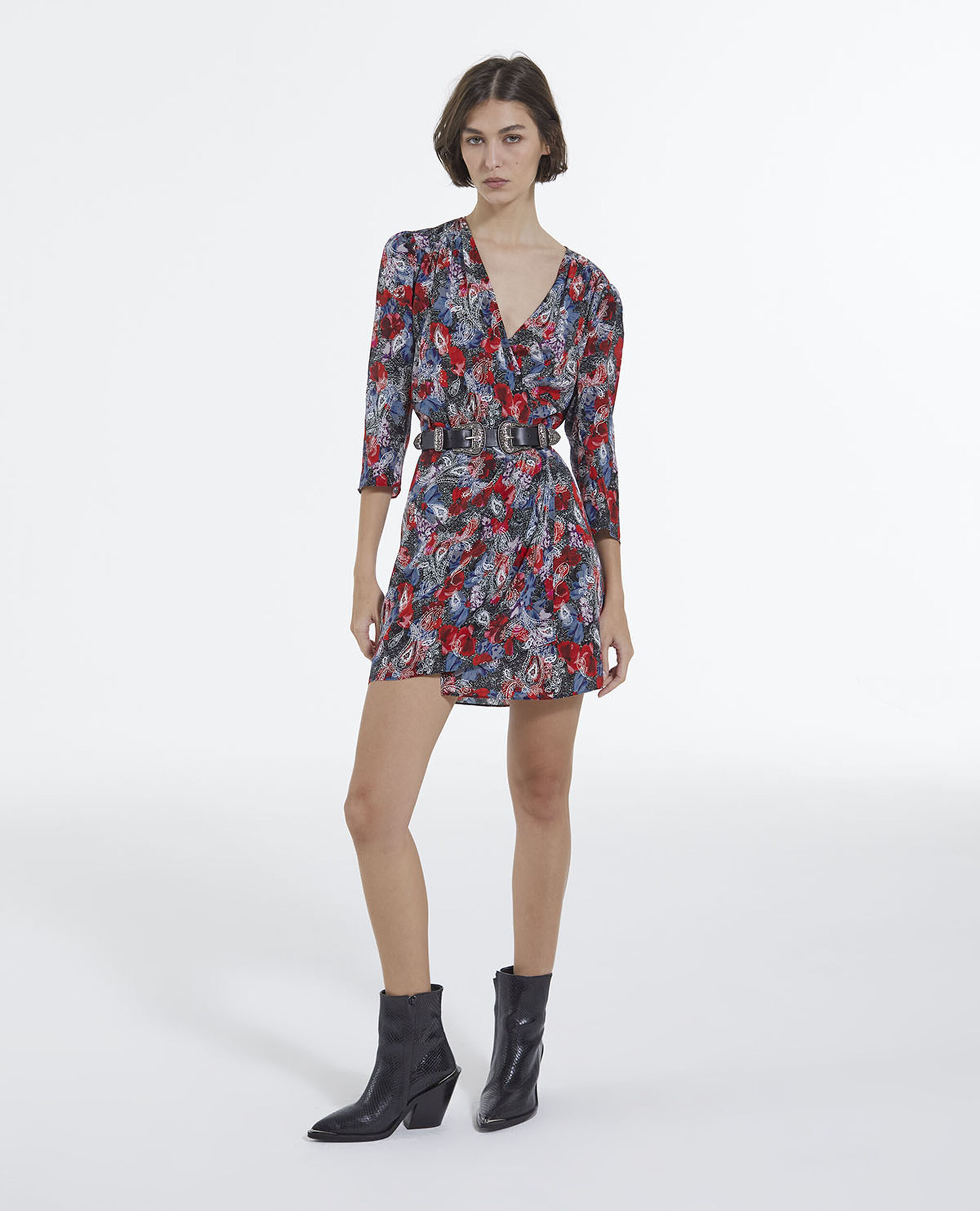Short silk dress with floral print, RED, hi-res image number null