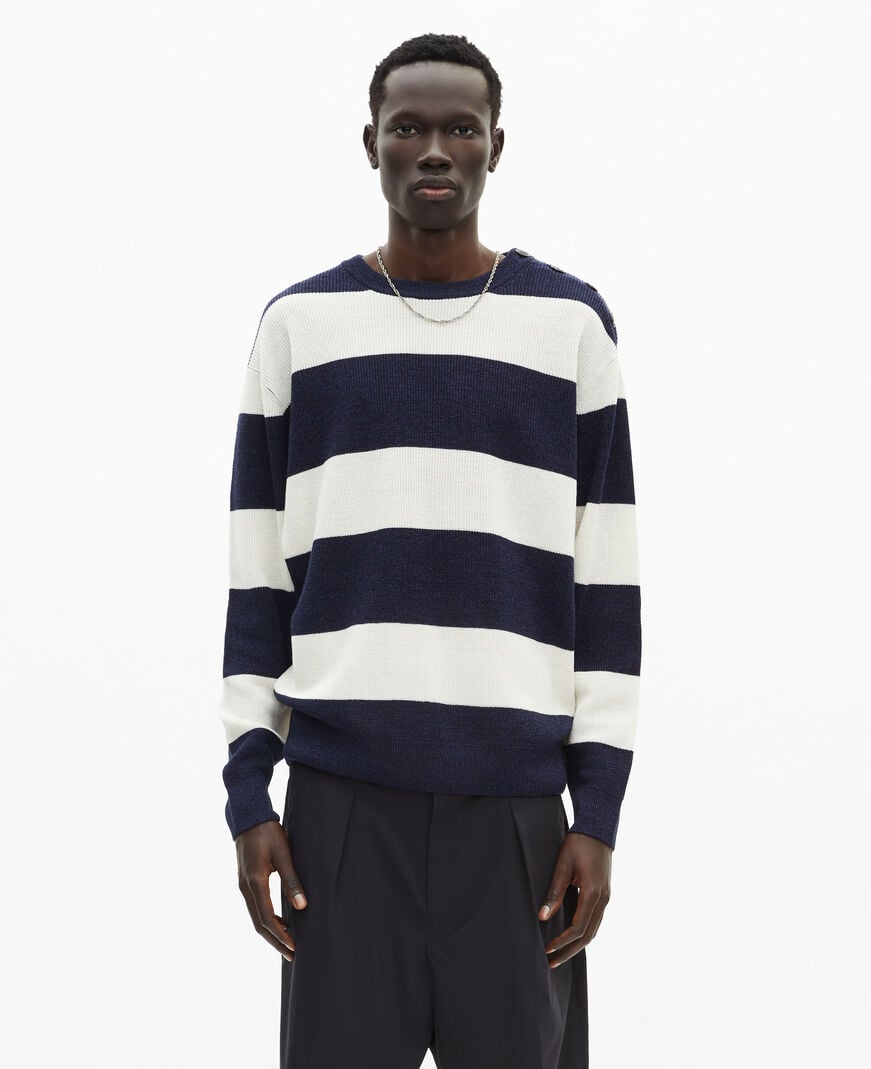 The Kooples MEN ECRU NAVY navy stripe wool and linen sweater