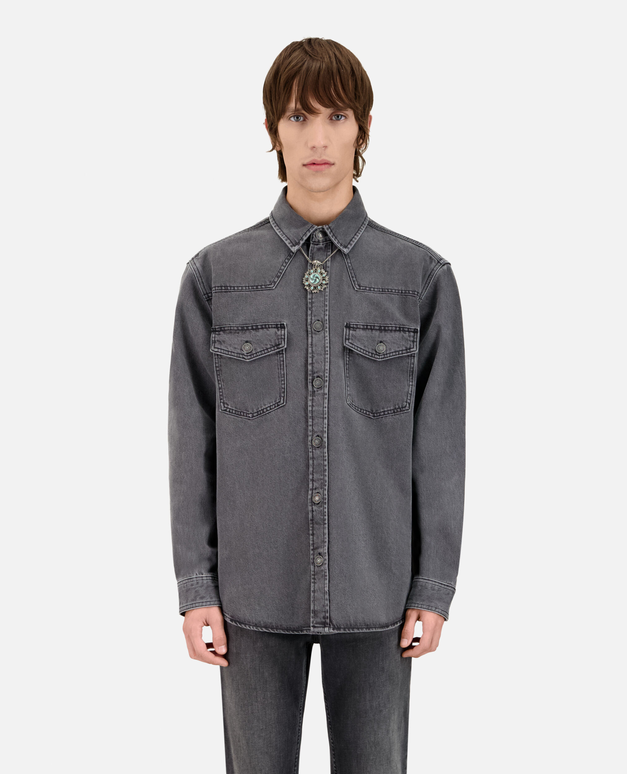 Grey denim shirt, DARK GREY, hi-res image number null
