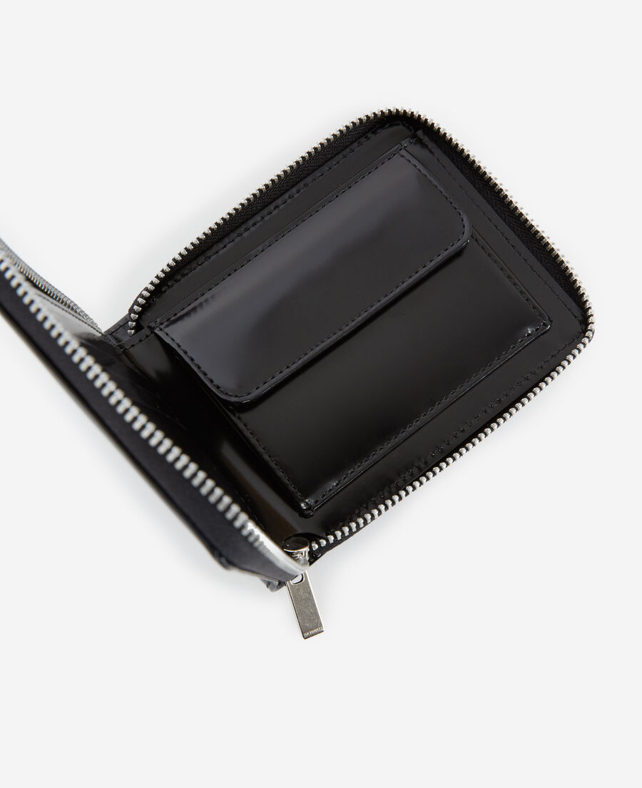 black leather wallet with silver zip