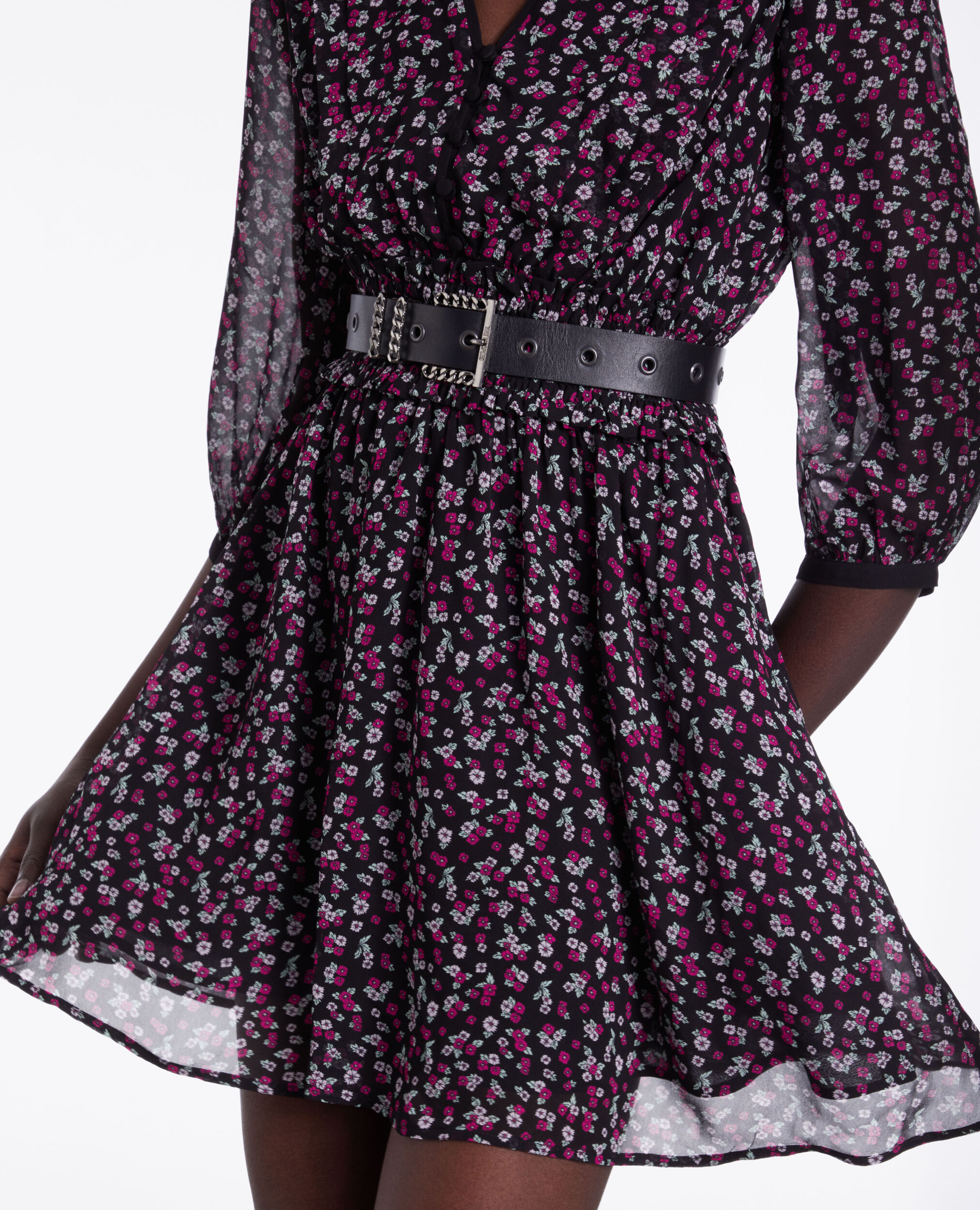 Vestido corto estampado fruncidos, BLACK / PINK, hi-res image number null