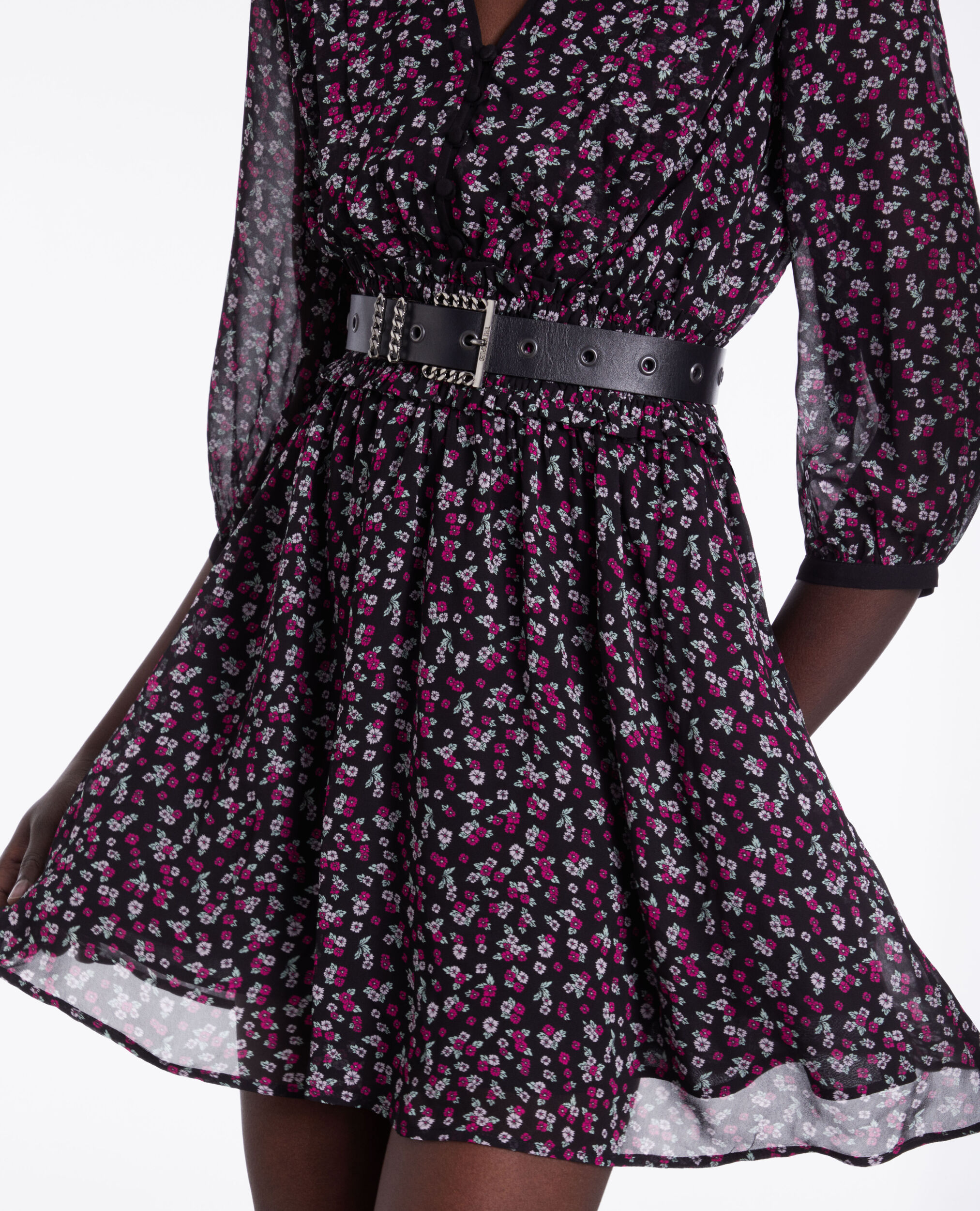 Short printed dress with smocking, BLACK / PINK, hi-res image number null