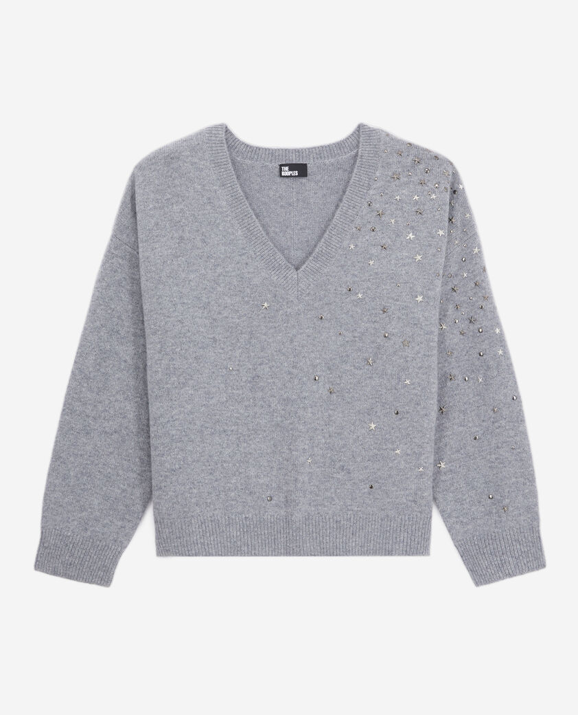 The Kooples FEMME MIDDLE GREY MEL pull gris en mélange de cachemire avec étoiles