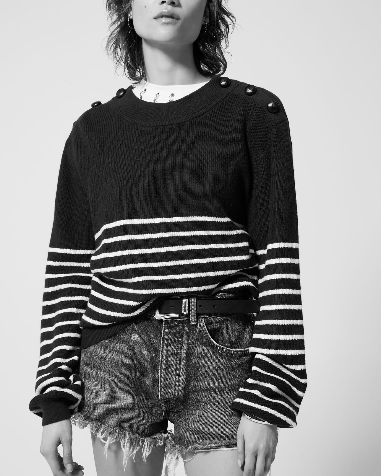 The Kooples FEMME NAVY pull marinière laine bleu marine boutons cuir