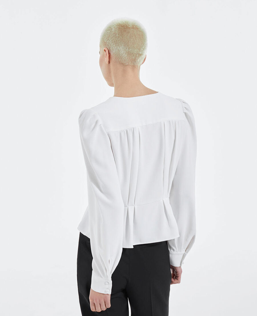 ecru v-neck crepe top with covered buttons