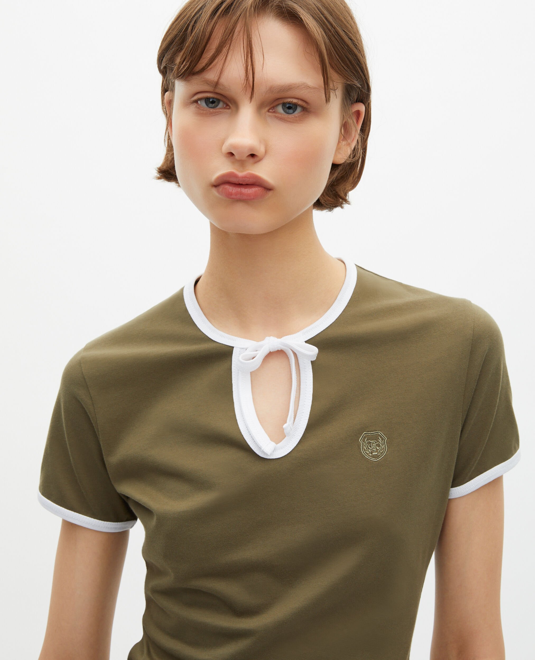 Khaki T-shirt with drop collar, KAKI, hi-res image number null