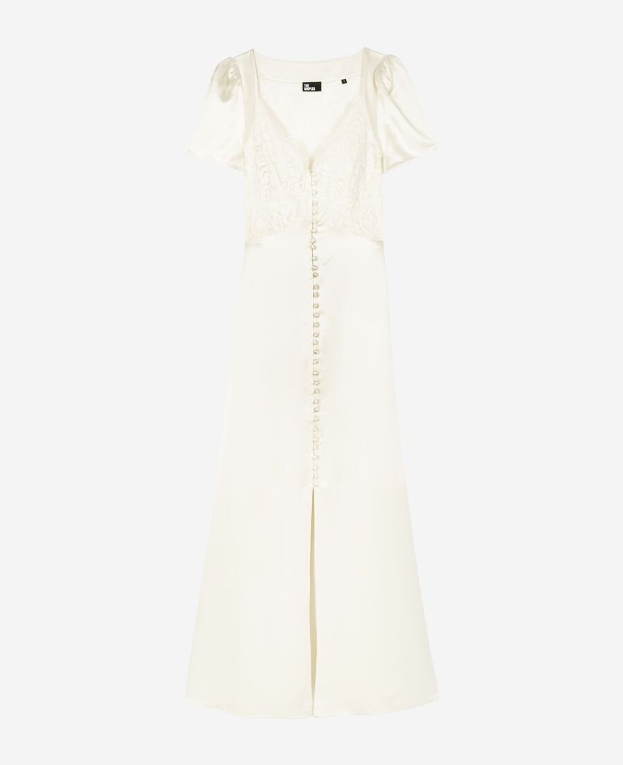 The Kooples WOMEN LIGHT BEIGE long silk dress with ecru lace
