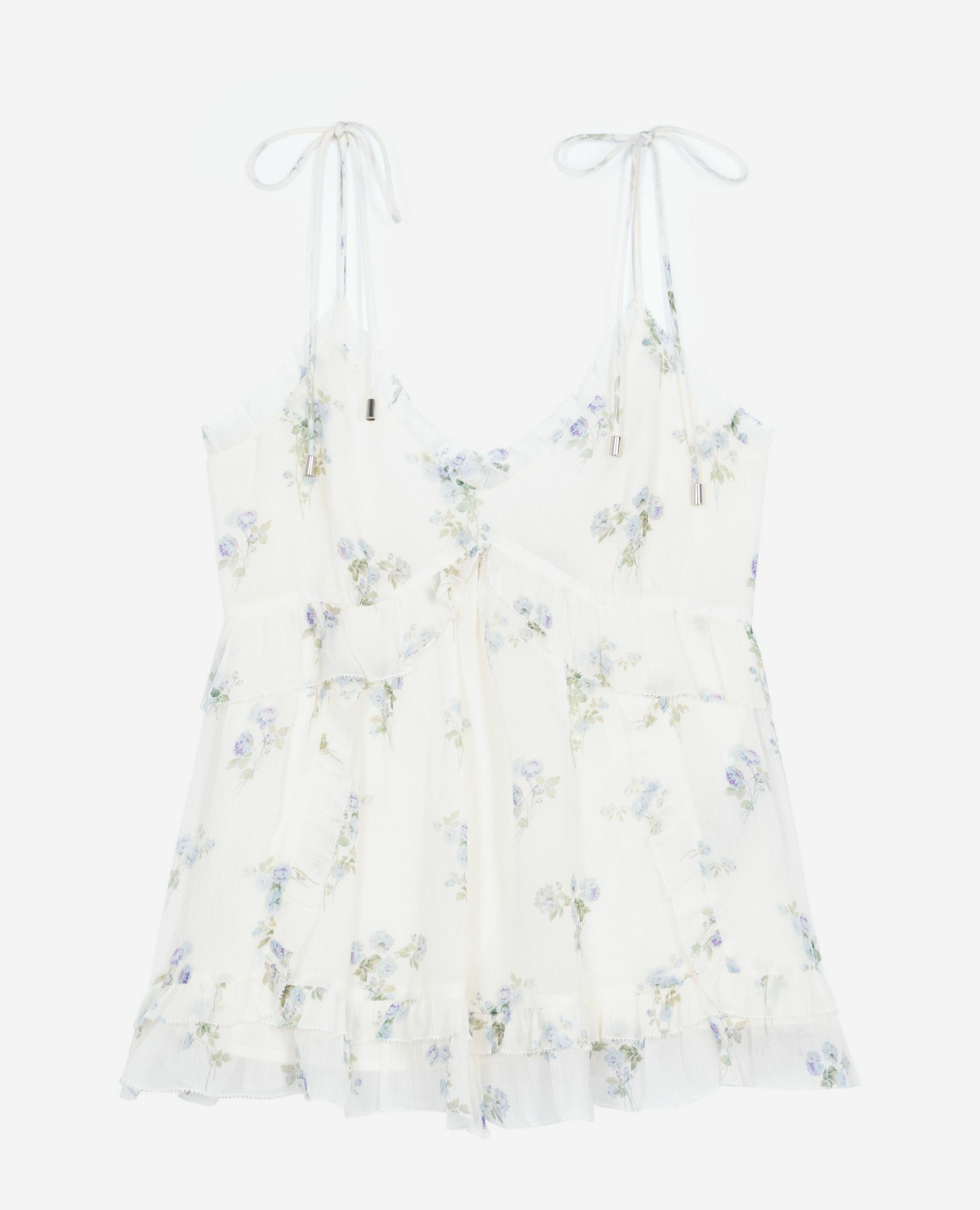 White floral ruffle top, WHITE / SKY BLUE, hi-res image number null