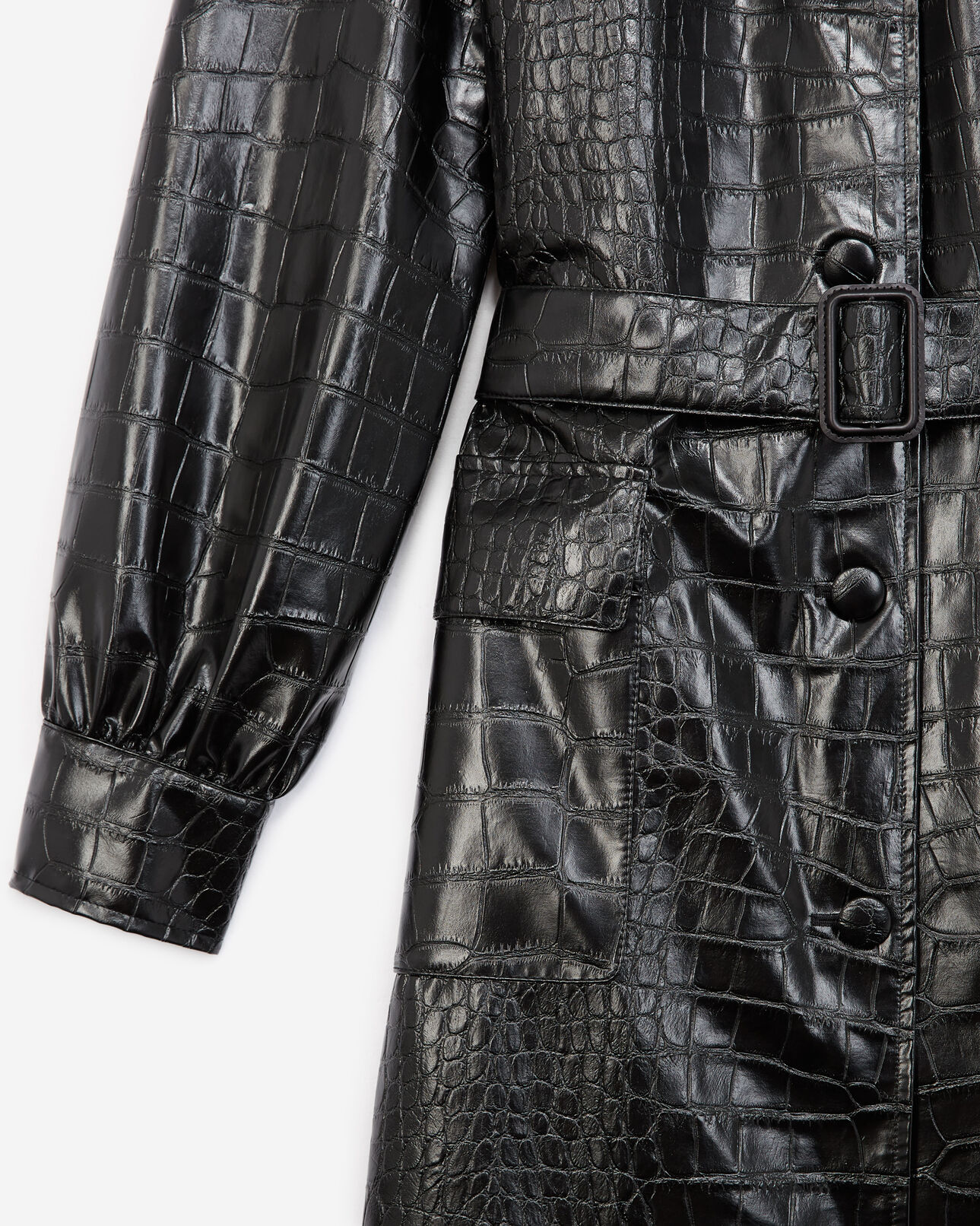 The Kooples DAMEN BLACK schwarzer langer mantel mit lederkragen