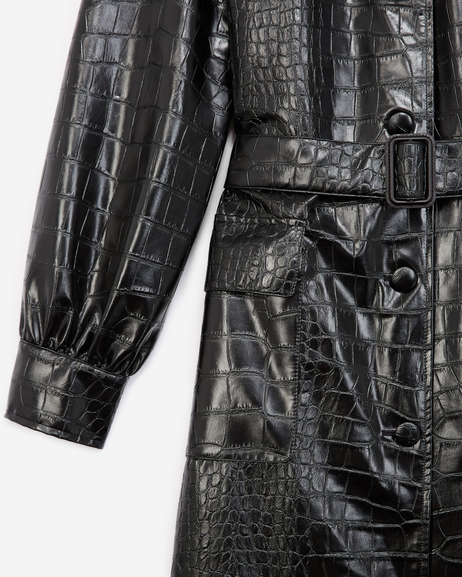 Schwarzer langer Mantel mit Lederkragen, BLACK, hi-res image number null