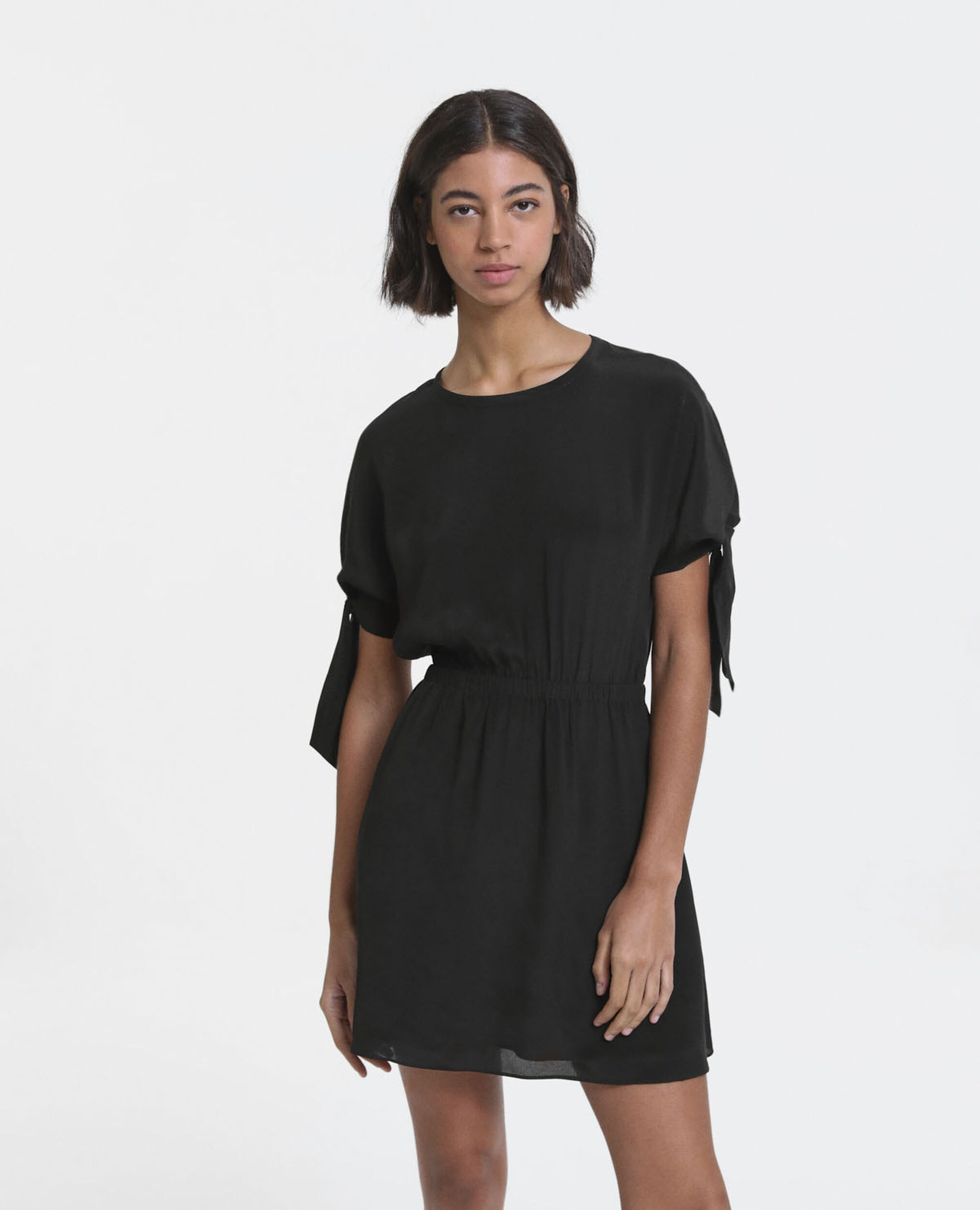 Short black dress with knotted short sleeves, BLACK, hi-res image number null