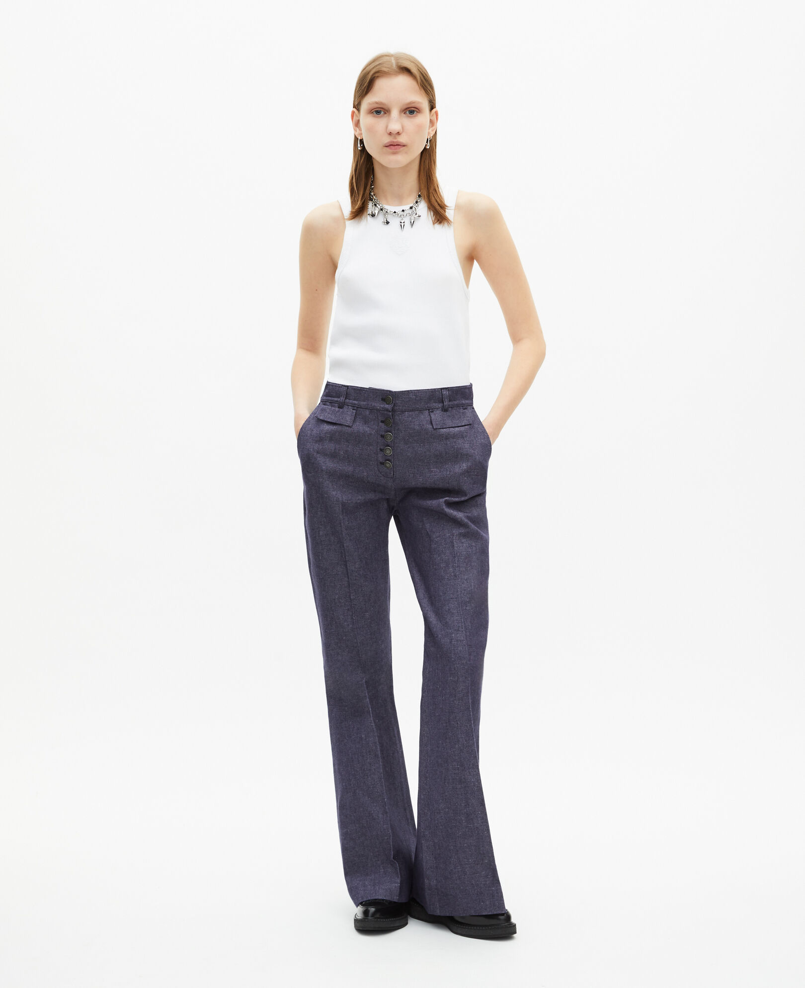 The Kooples WOMEN BLUE blue cotton and linen flared pants