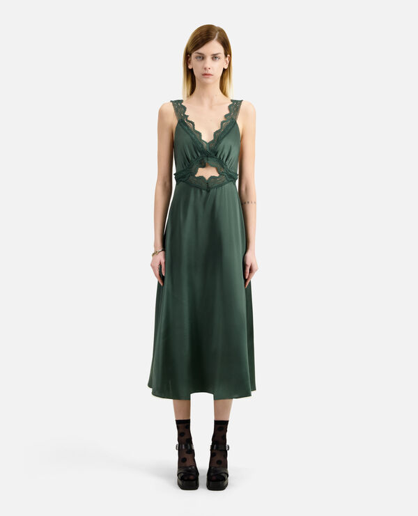 long green slip dress with guipure