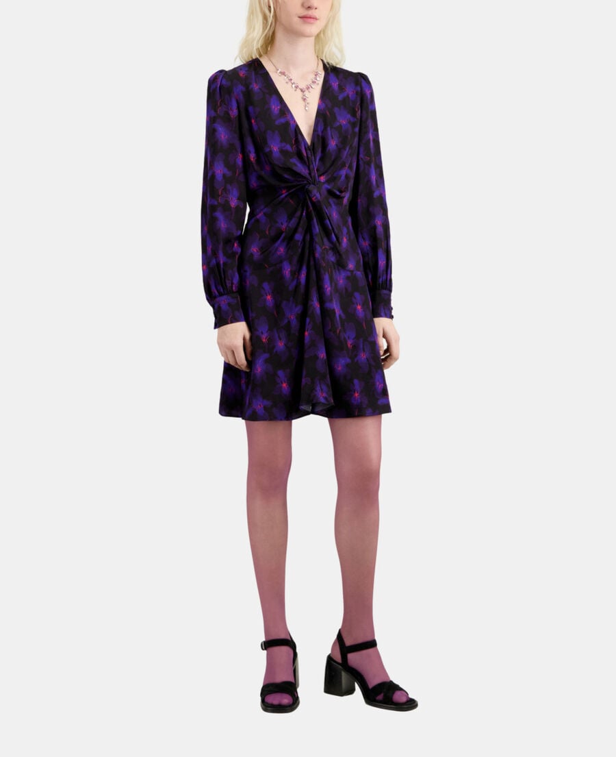 The Kooples FEMME BLACK /LIGHT PINK / BLUE robe courte fleurie avec drapé