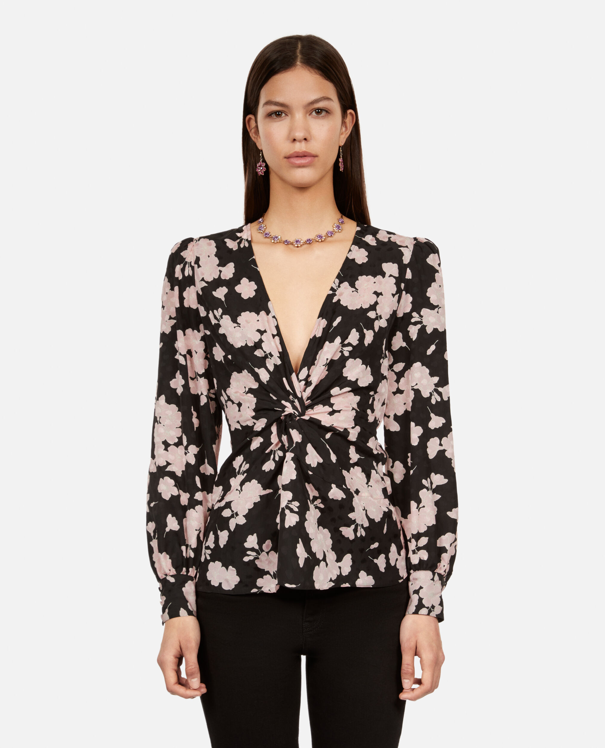 Printed top with draping, BLACK / PINK, hi-res image number null