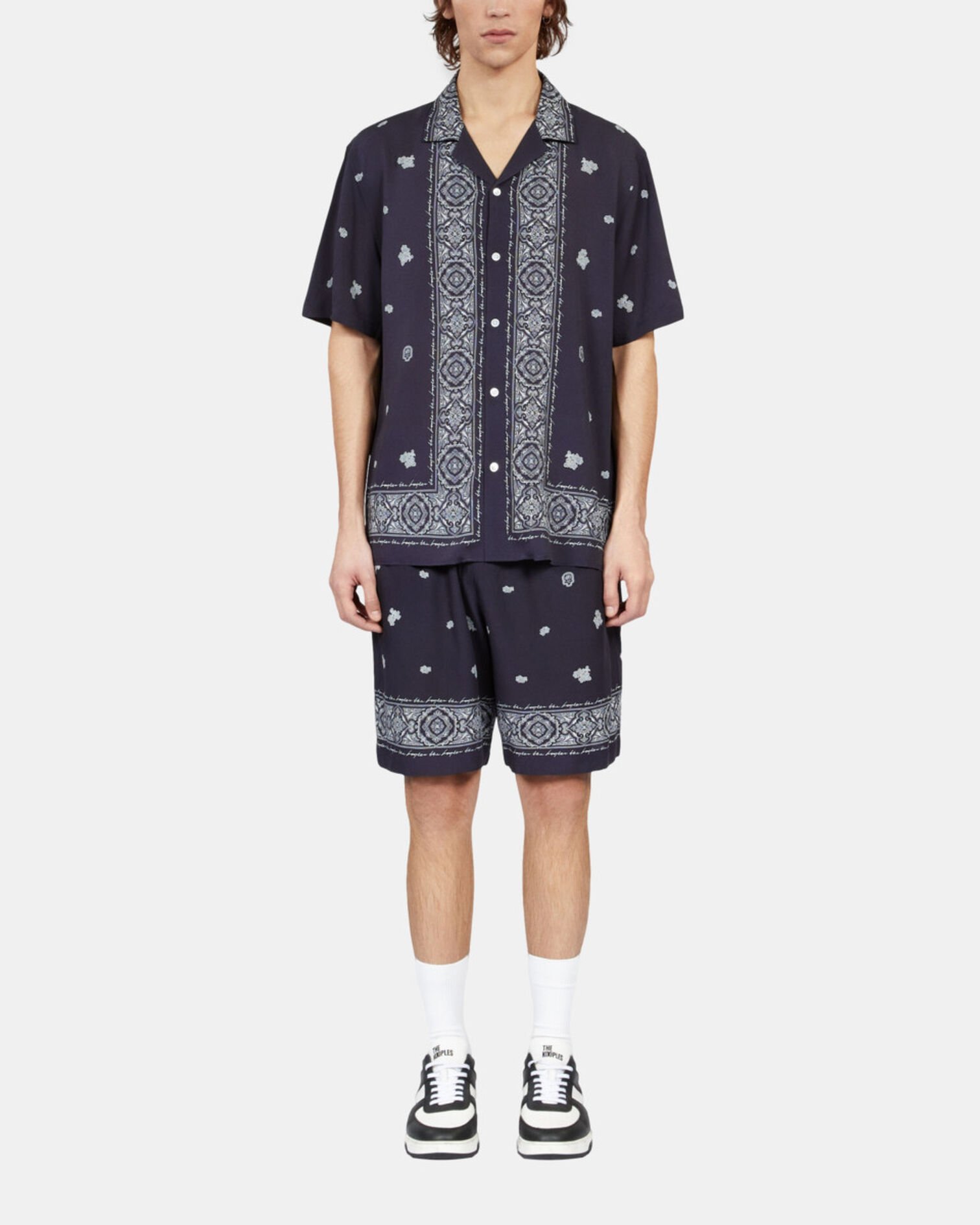 Navy skull paisley print short sleeve shirt, NAVY / WHITE, hi-res image number null