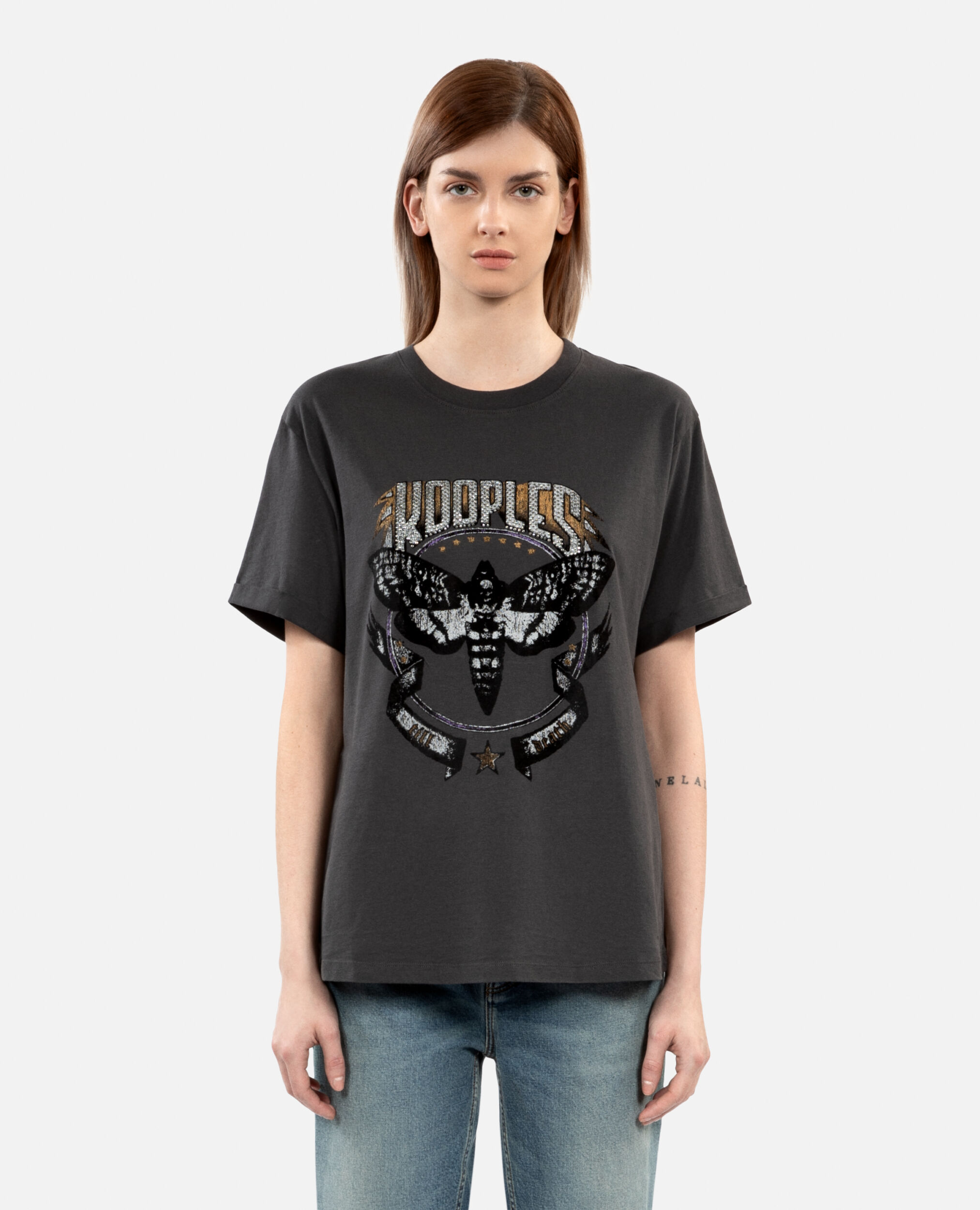 Women's carbon gray t-shirt with Skull butterfly serigraphy, CARBONE, hi-res image number null